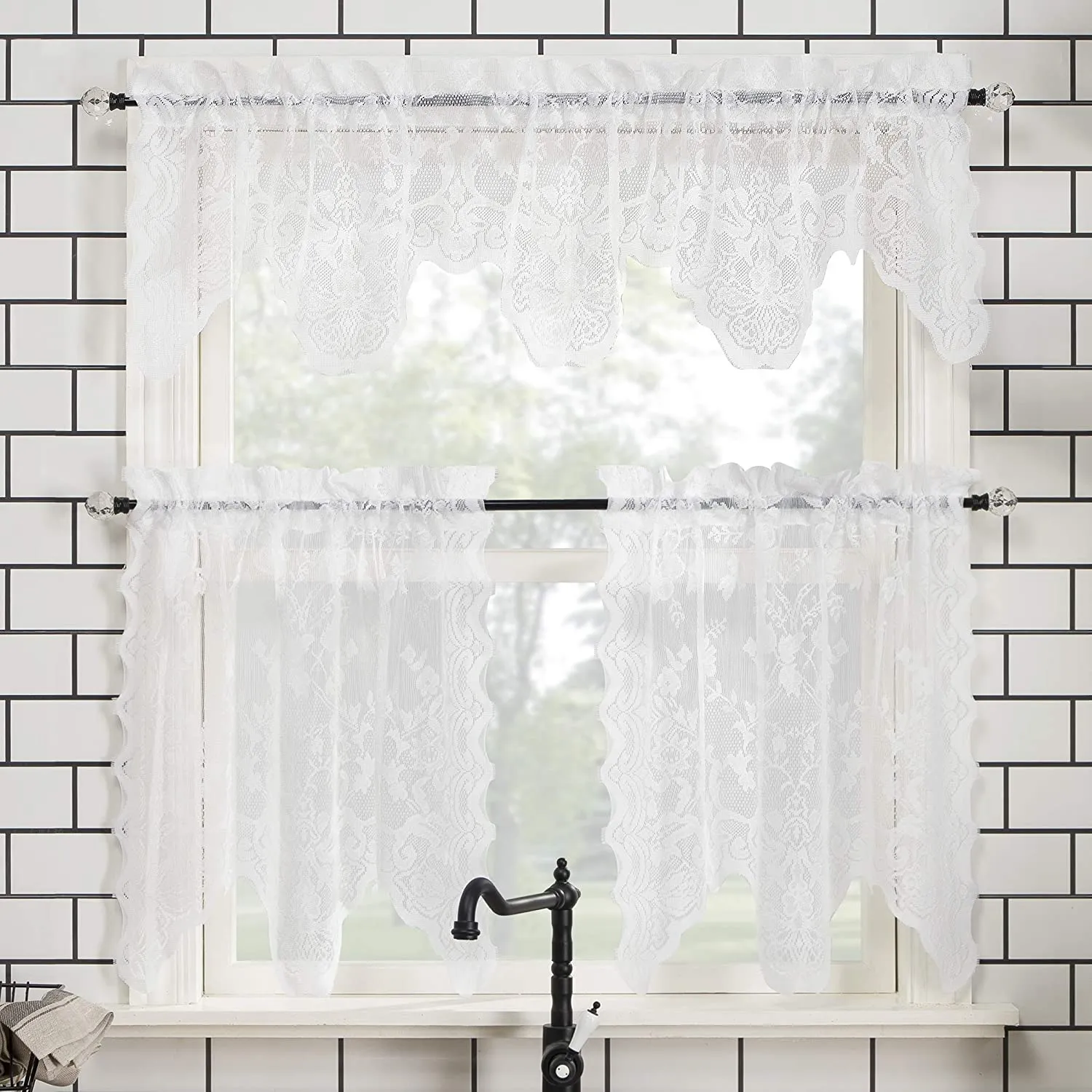 Floral Lace Sheer Rod Pocket Kitchen Curtain Valance and Tiers Set