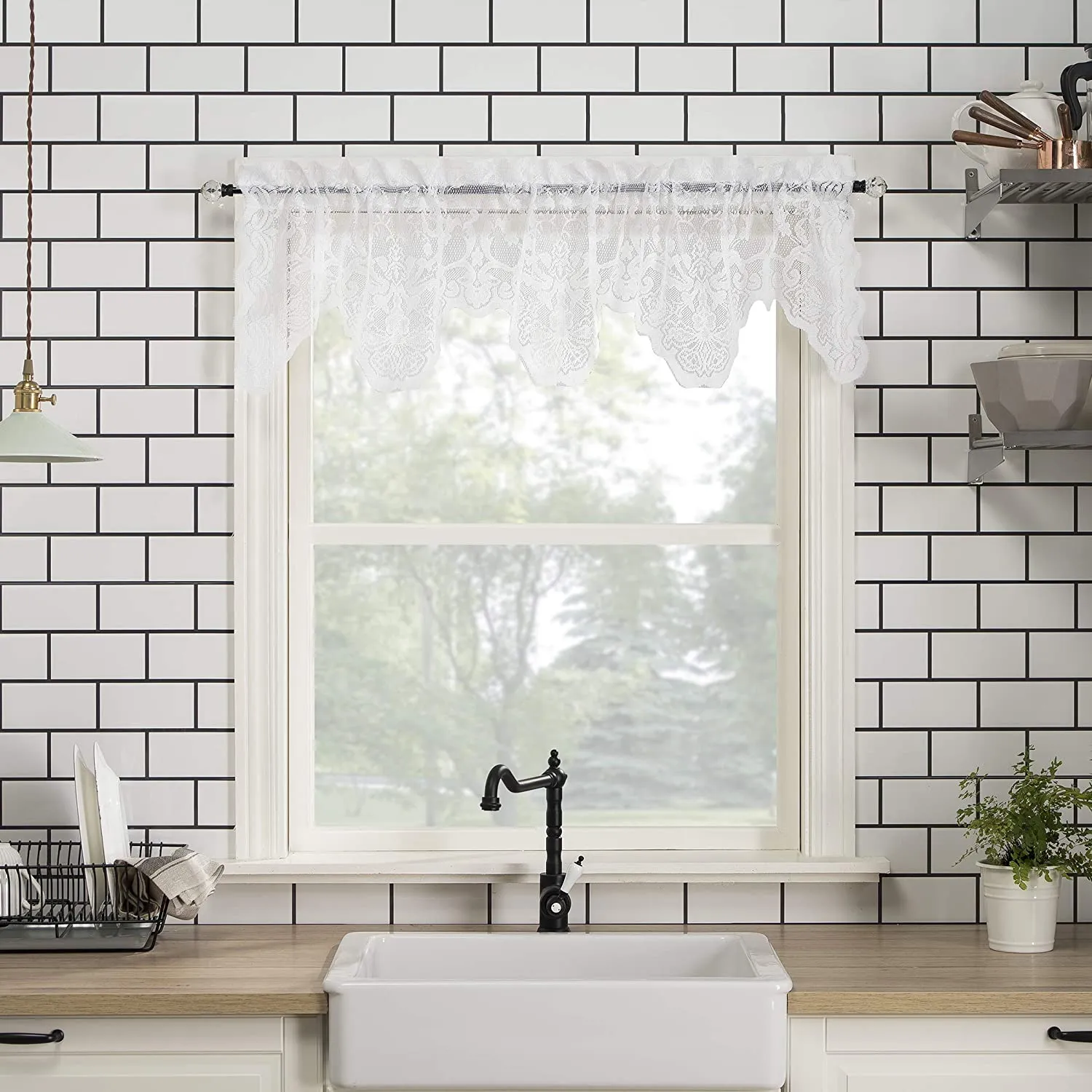 Floral Lace Sheer Rod Pocket Kitchen Curtain Valance and Tiers Set