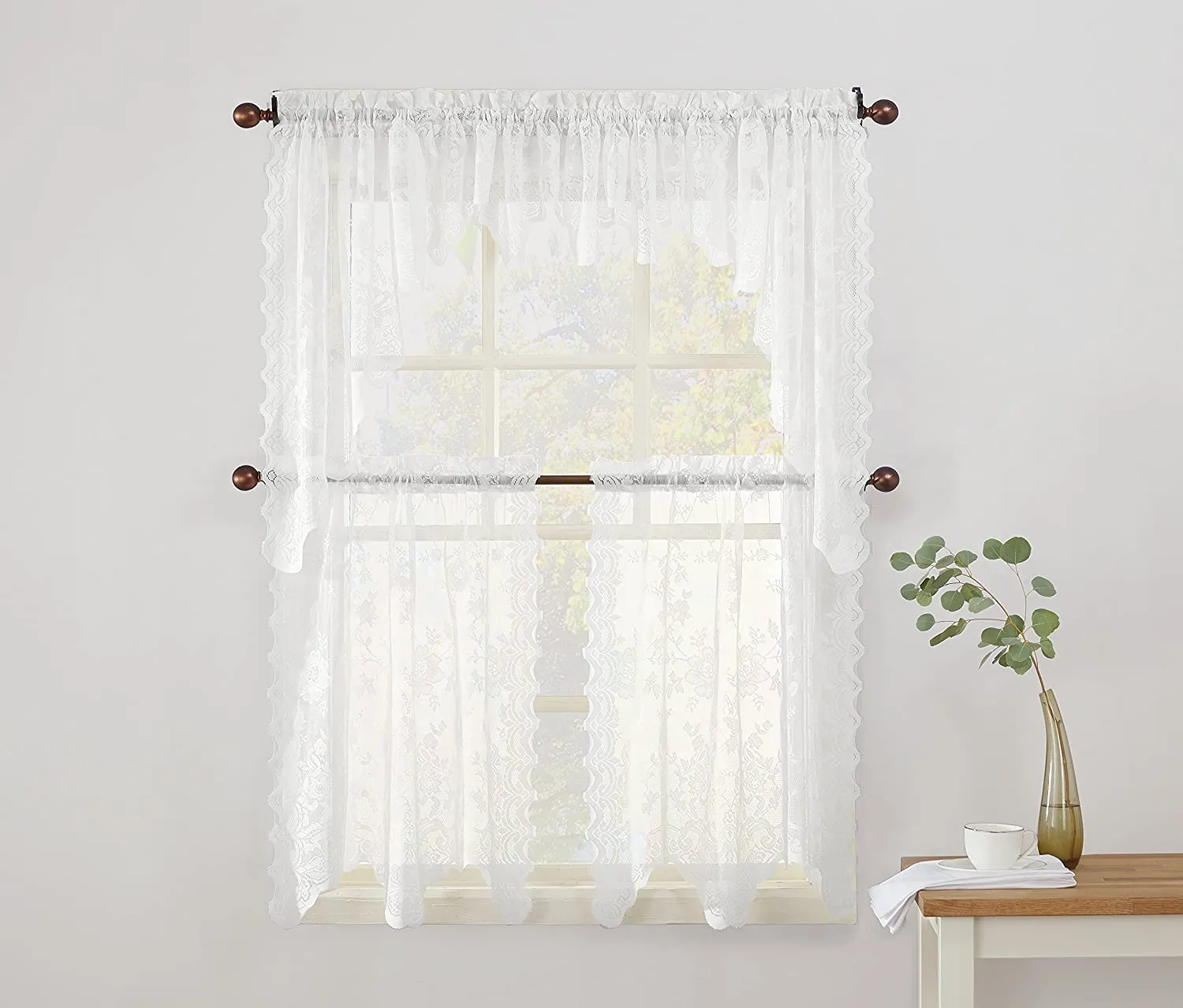 Floral Lace Sheer Rod Pocket Kitchen Curtain Valance and Tiers Set