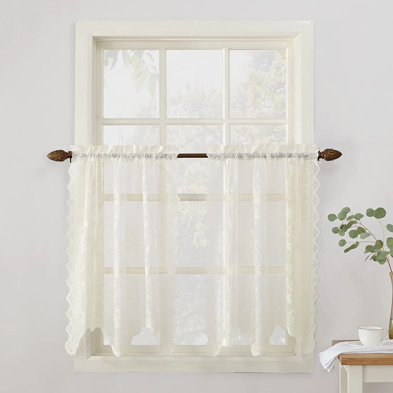 Floral Lace Sheer Rod Pocket Kitchen Curtain Valance and Tiers Set