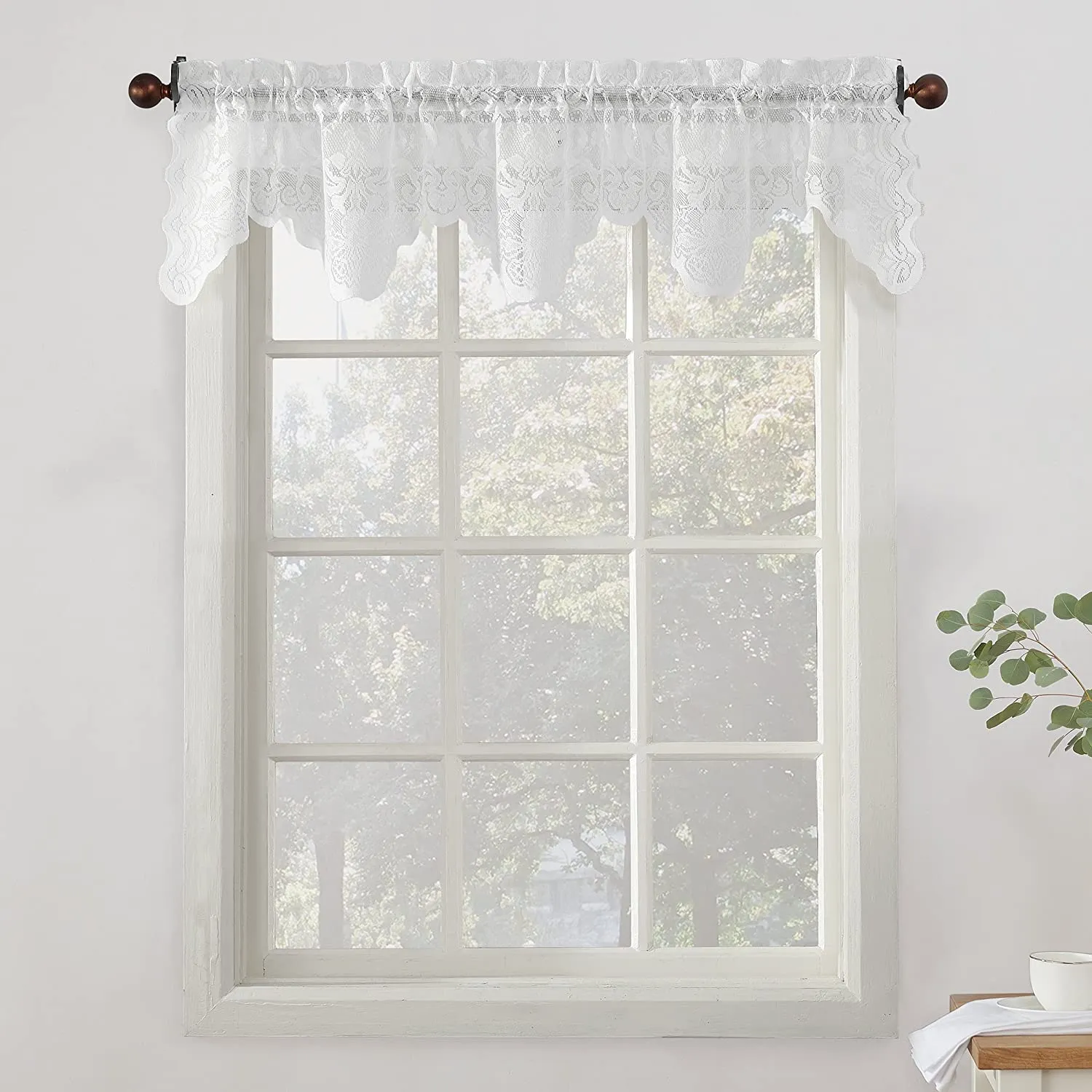 Floral Lace Sheer Rod Pocket Kitchen Curtain Valance and Tiers Set
