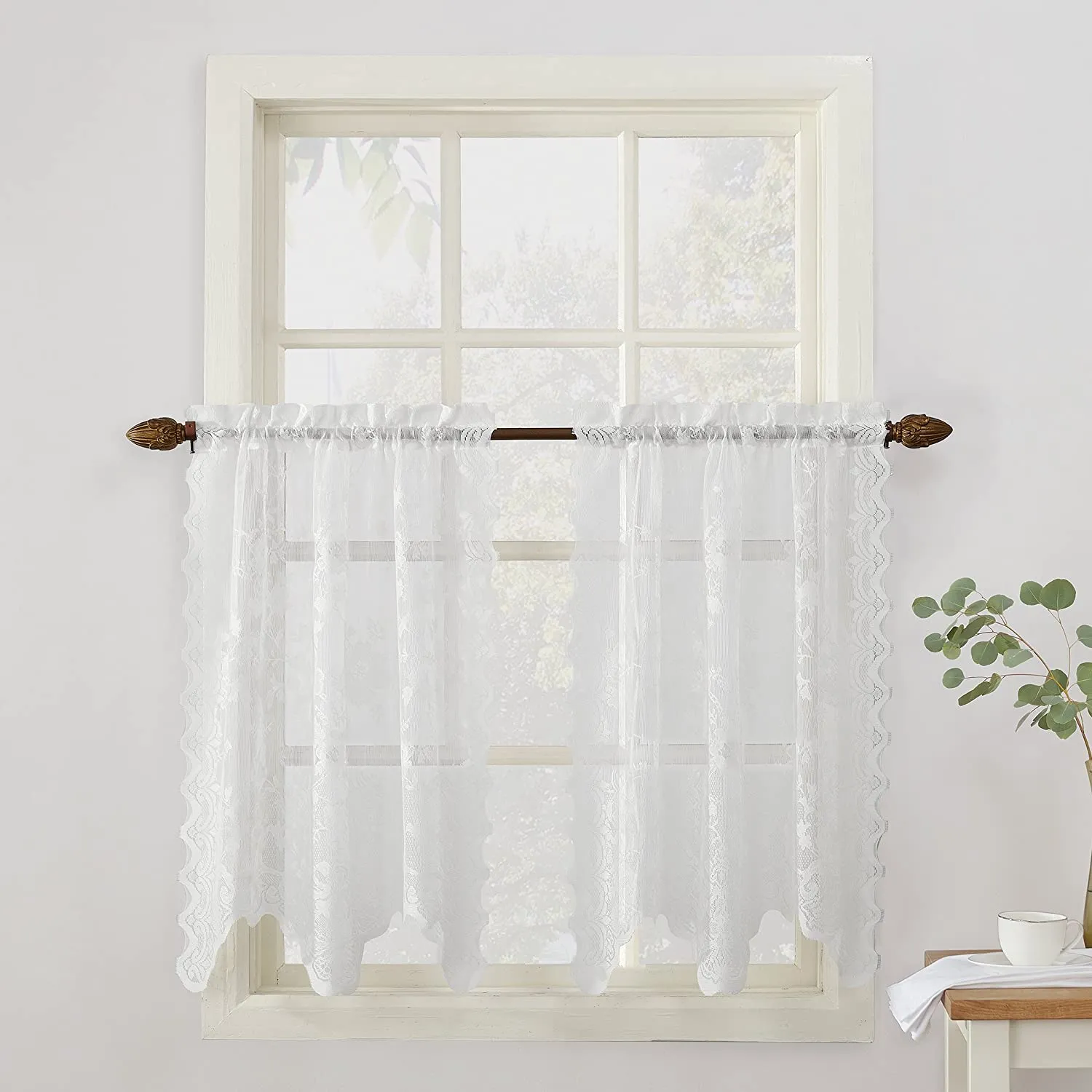 Floral Lace Sheer Rod Pocket Kitchen Curtain Valance and Tiers Set