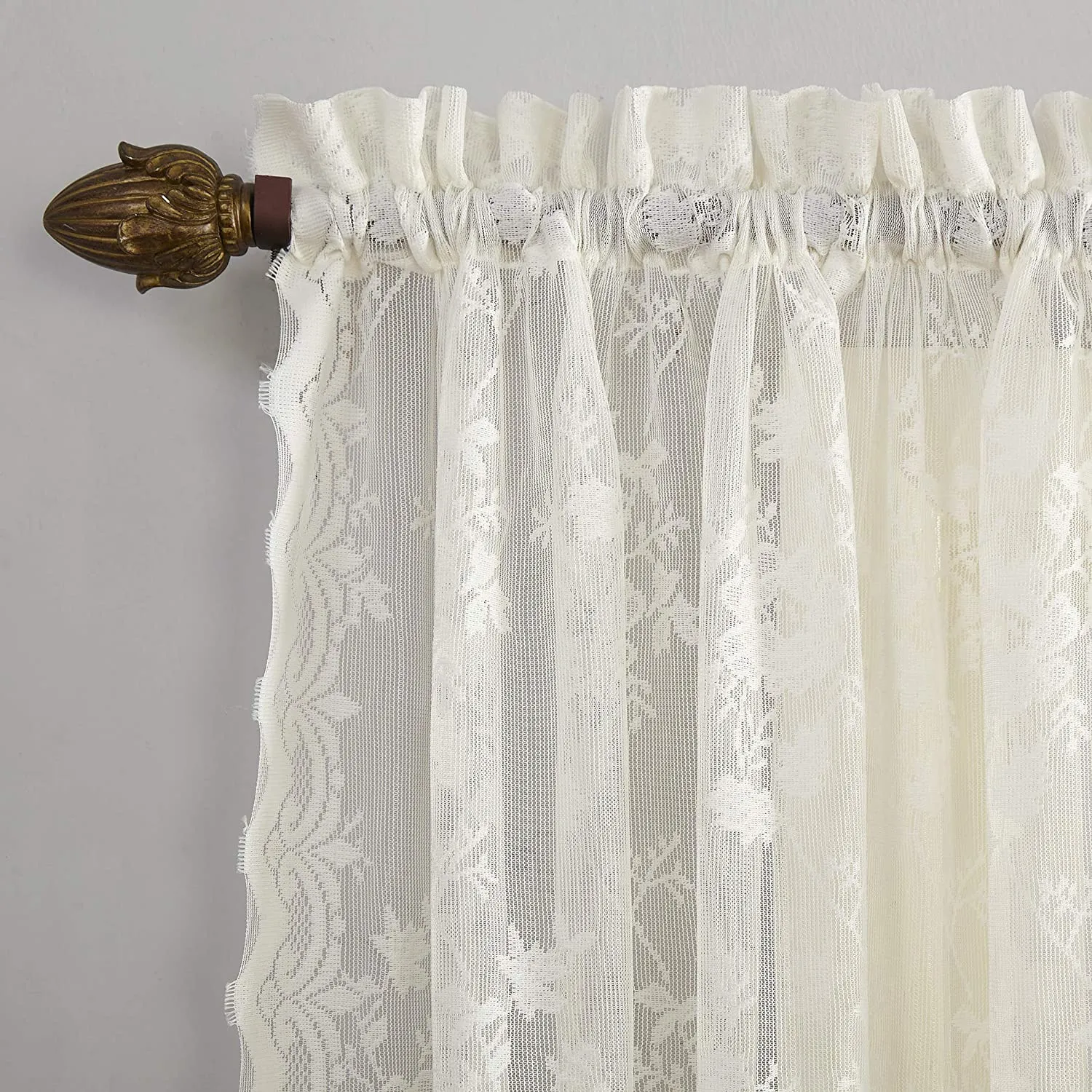 Floral Lace Sheer Rod Pocket Kitchen Curtain Valance and Tiers Set