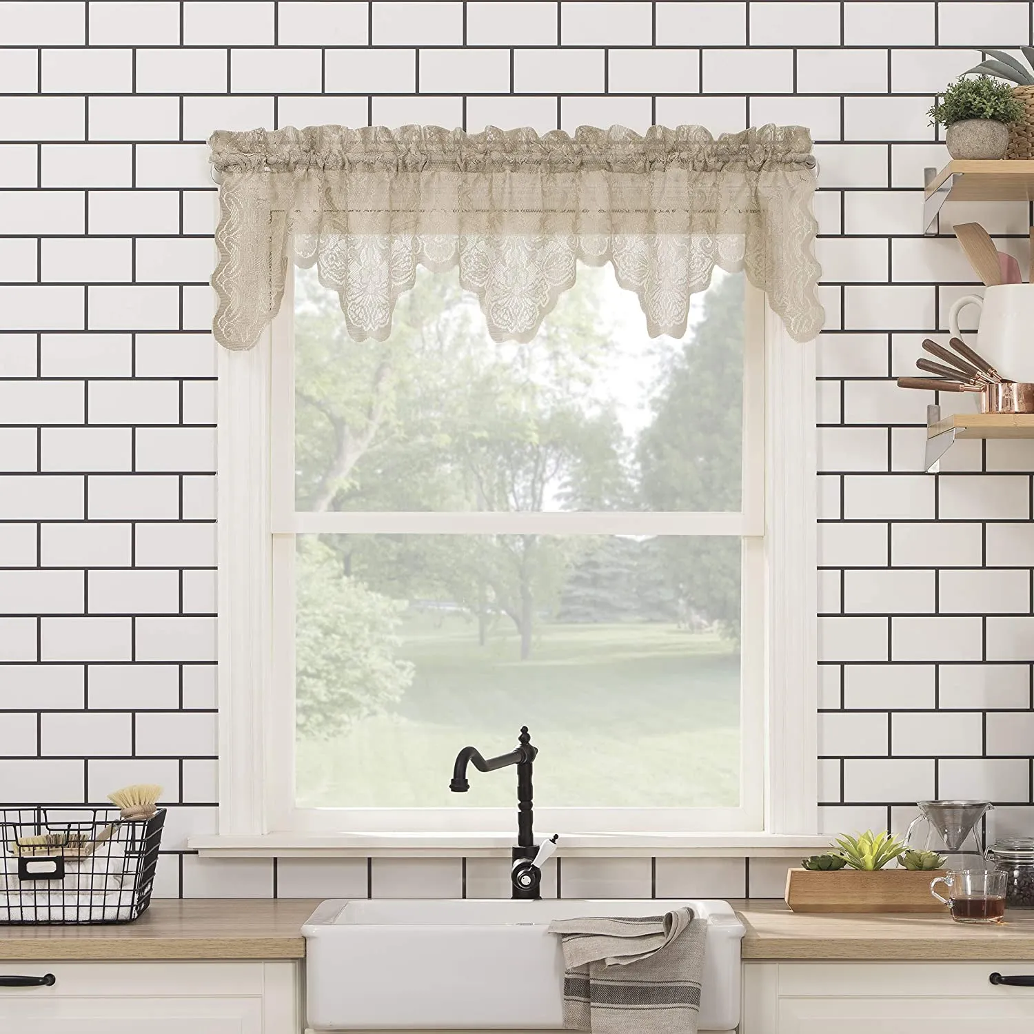 Floral Lace Sheer Rod Pocket Kitchen Curtain Valance and Tiers Set
