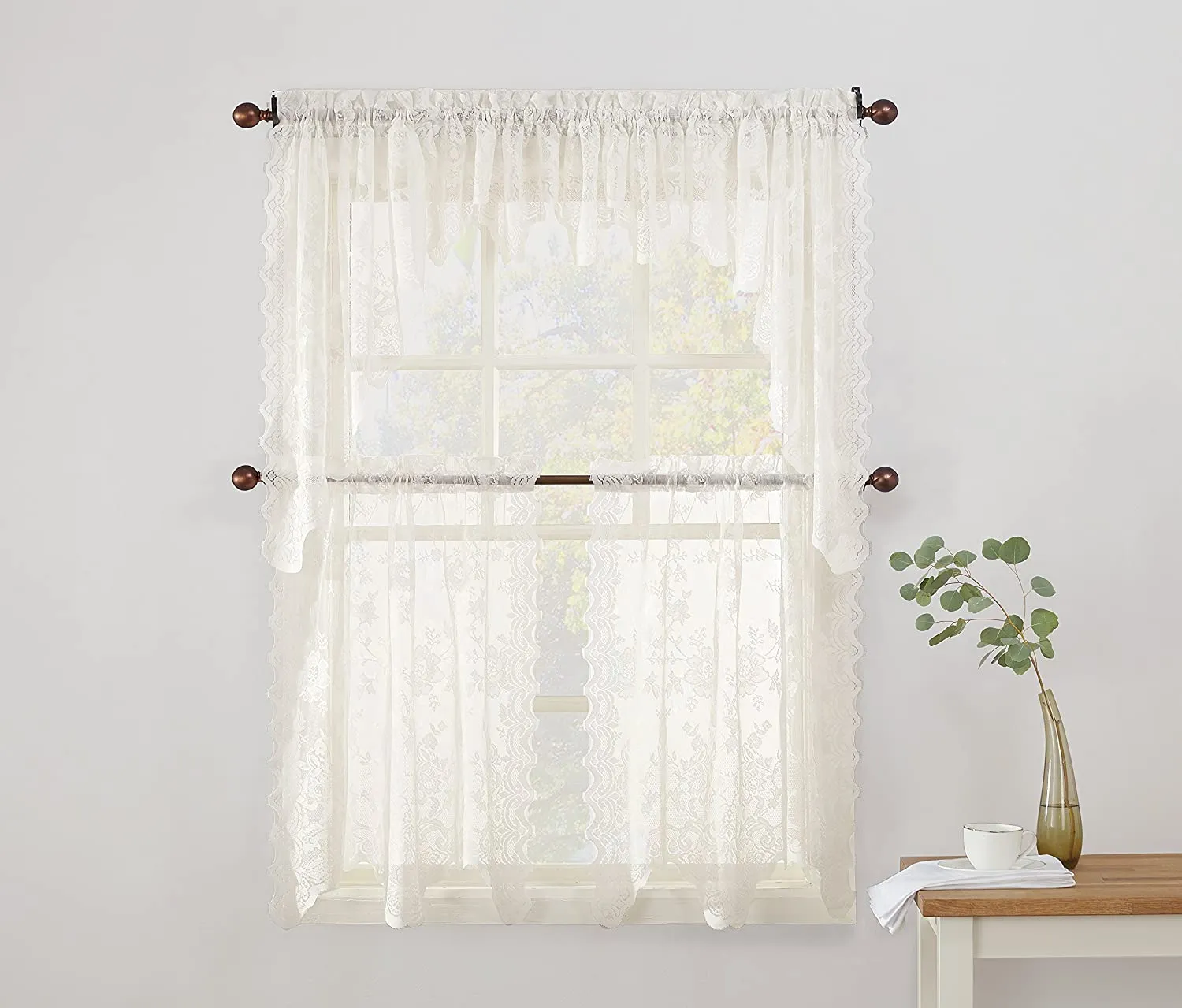 Floral Lace Sheer Rod Pocket Kitchen Curtain Valance and Tiers Set
