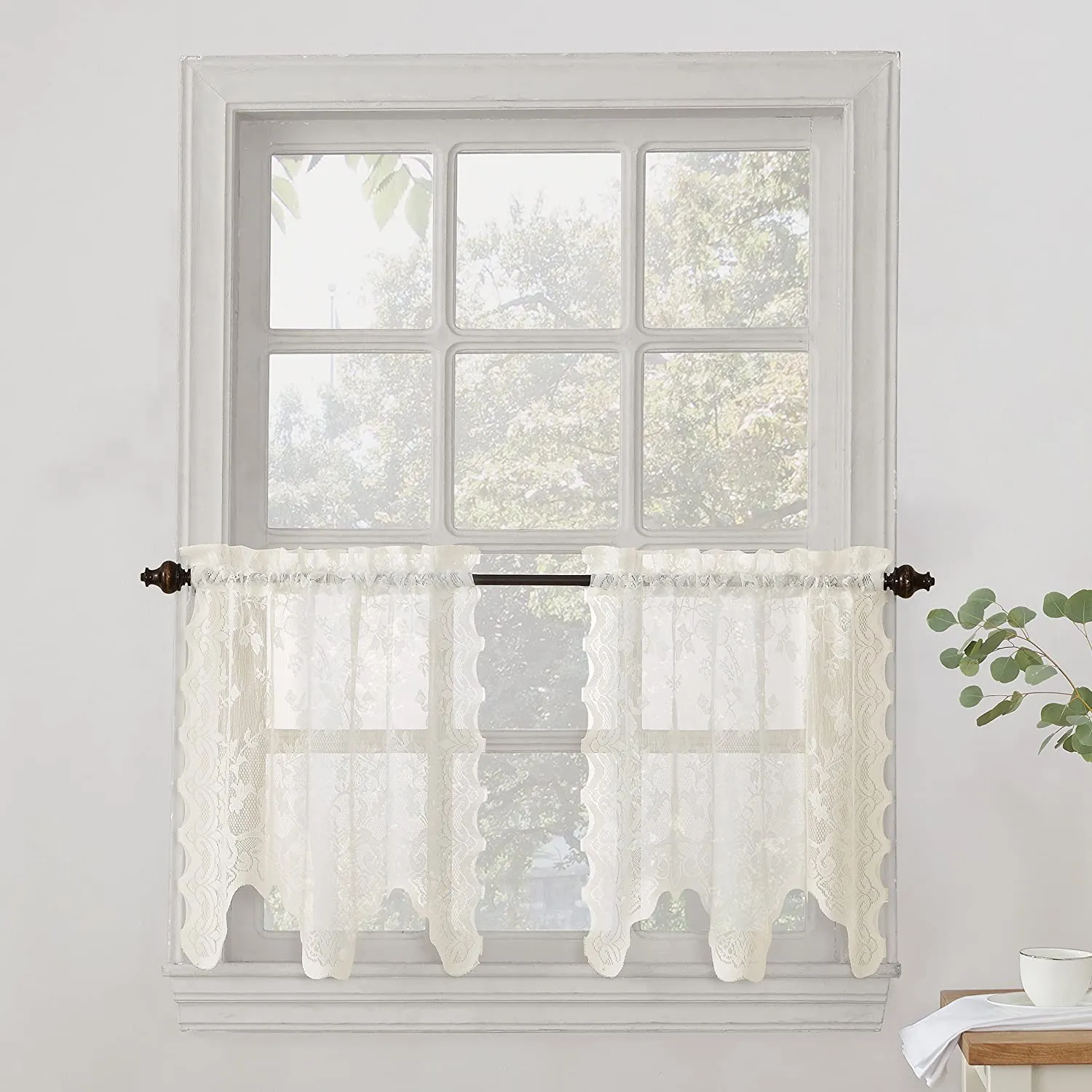 Floral Lace Sheer Rod Pocket Kitchen Curtain Valance and Tiers Set