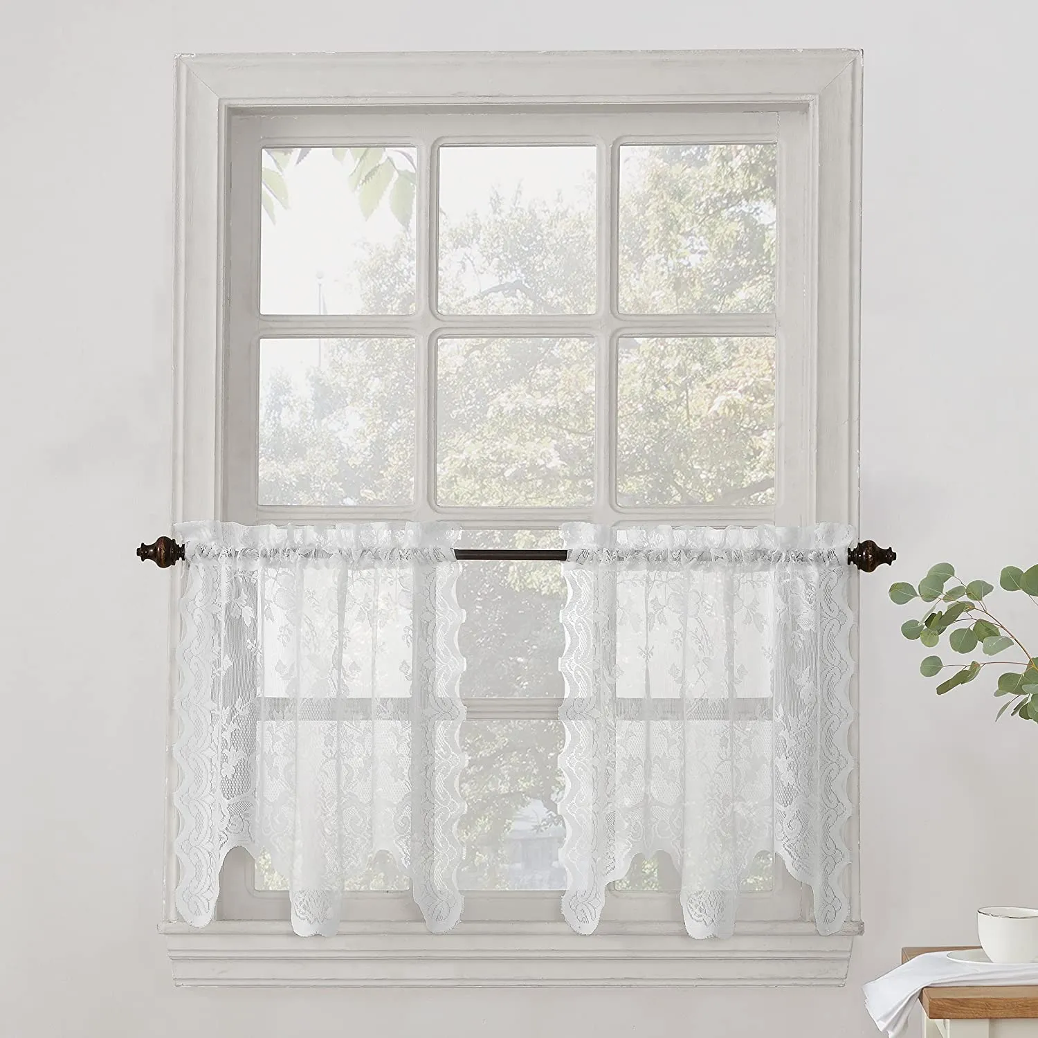 Floral Lace Sheer Rod Pocket Kitchen Curtain Valance and Tiers Set