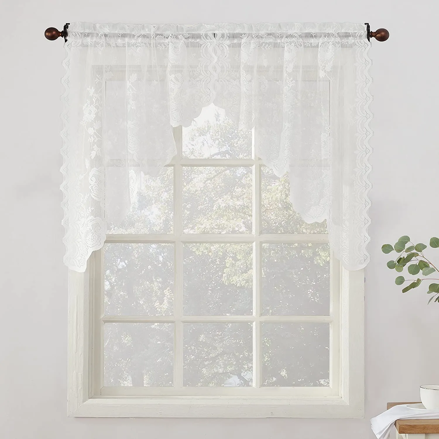 Floral Lace Sheer Rod Pocket Kitchen Curtain Valance and Tiers Set
