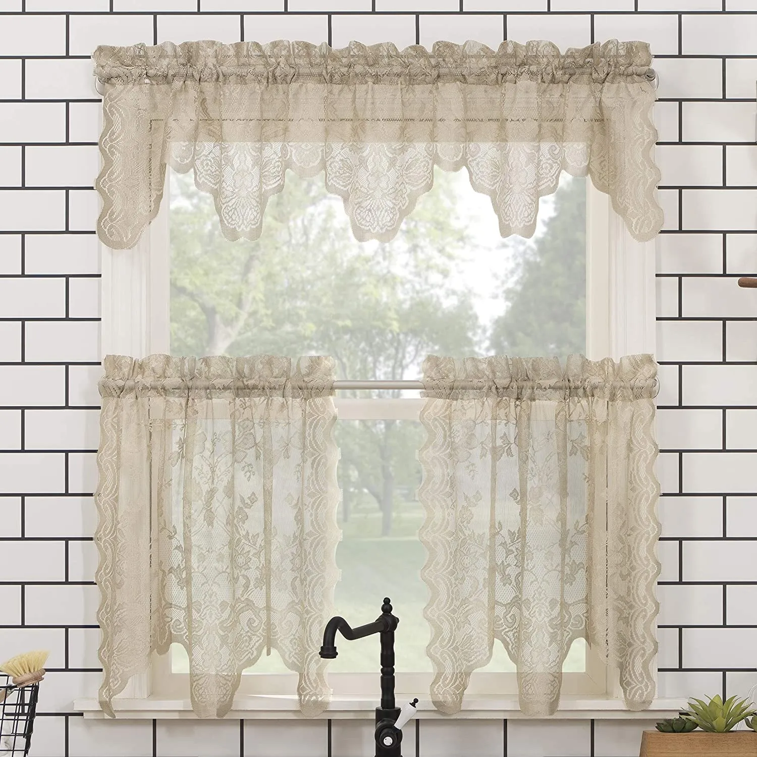 Floral Lace Sheer Rod Pocket Kitchen Curtain Valance and Tiers Set