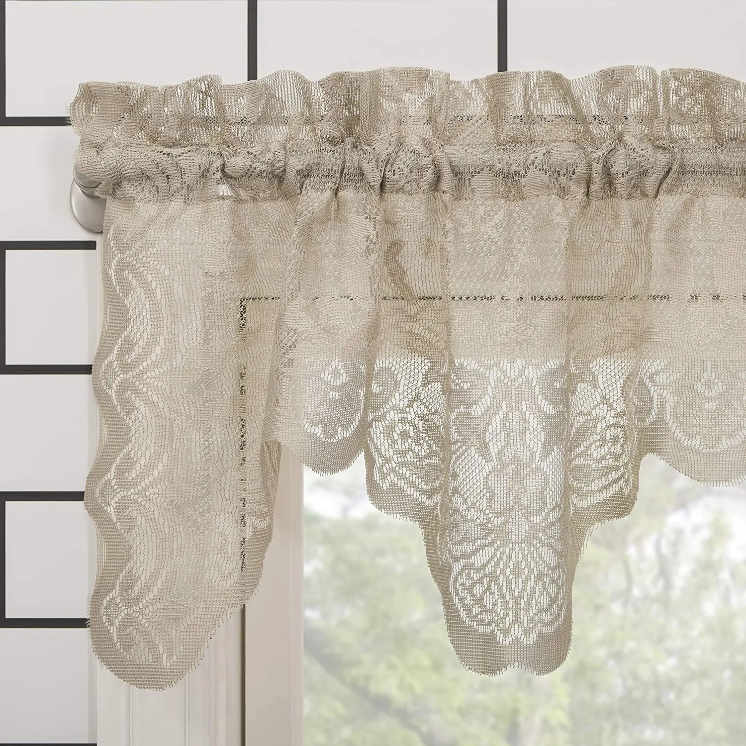 Floral Lace Sheer Rod Pocket Kitchen Curtain Valance and Tiers Set