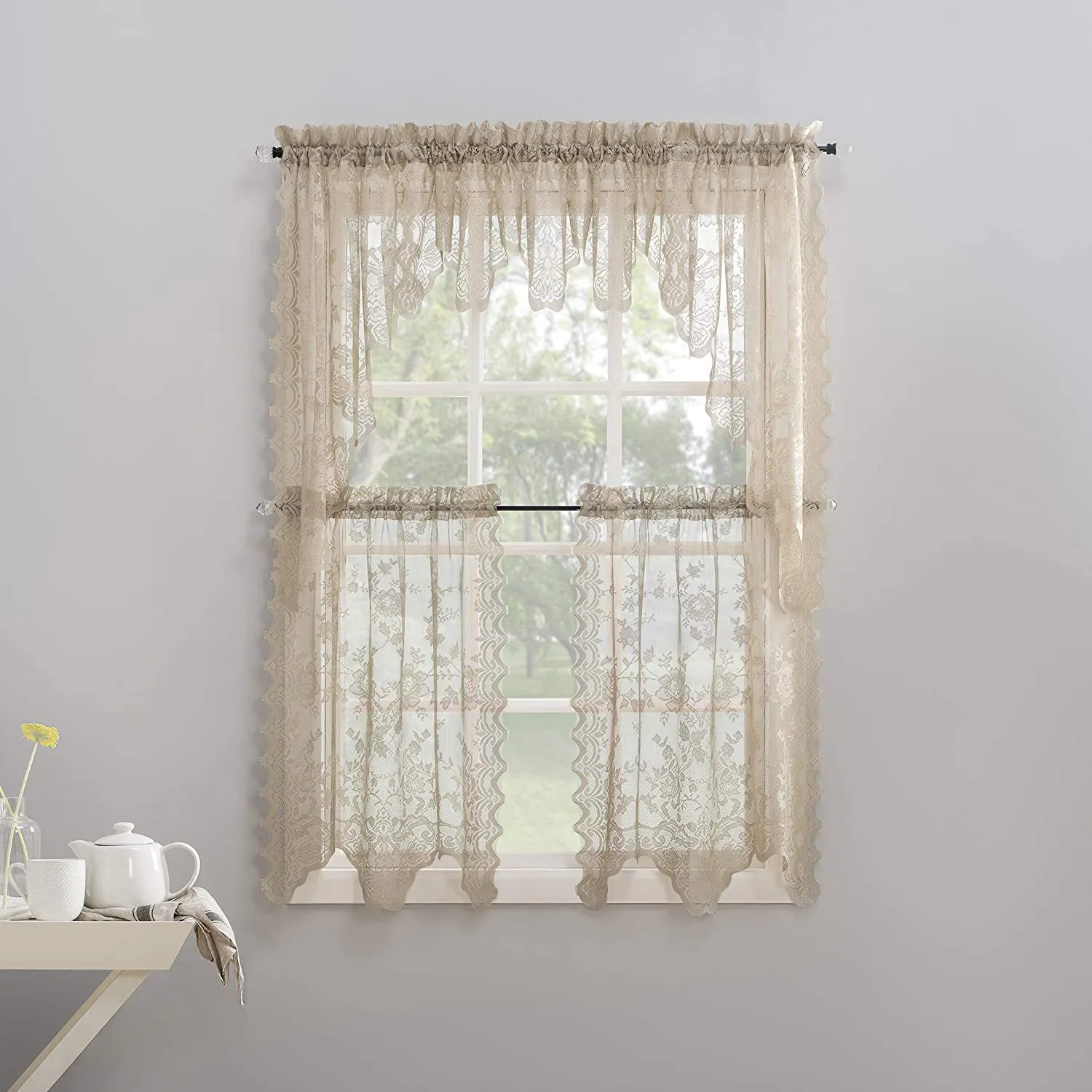 Floral Lace Sheer Rod Pocket Kitchen Curtain Valance and Tiers Set