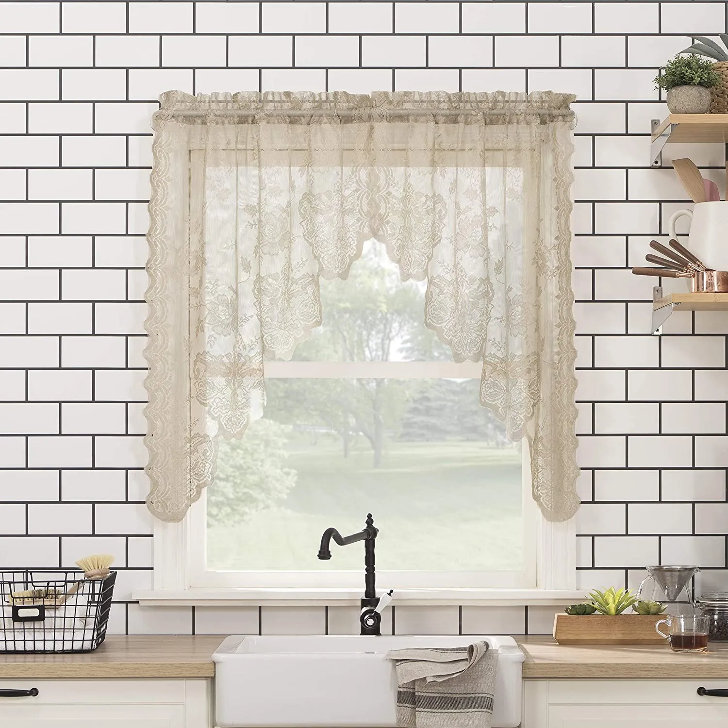 Floral Lace Sheer Rod Pocket Kitchen Curtain Valance and Tiers Set