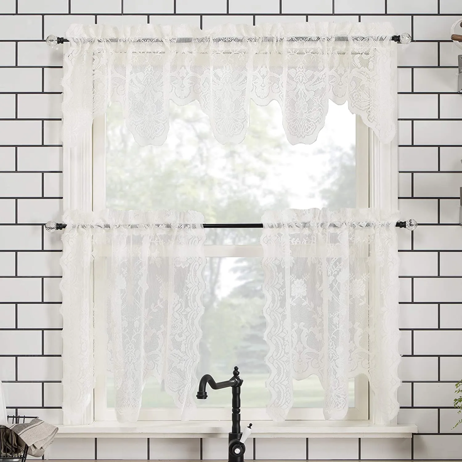 Floral Lace Sheer Rod Pocket Kitchen Curtain Valance and Tiers Set