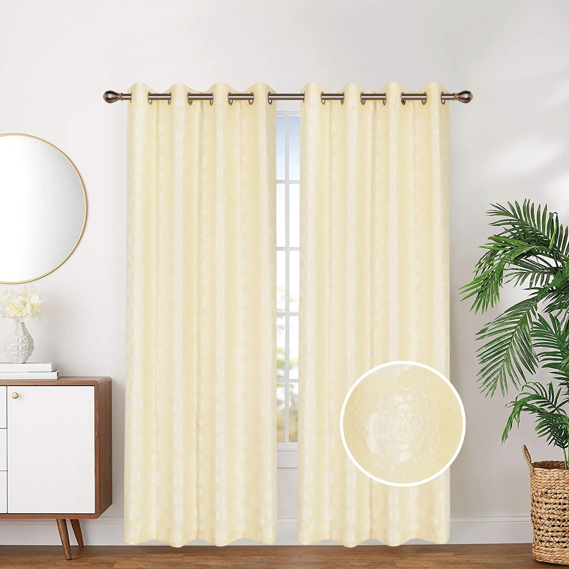 Floral Print Embroidered Grommet Top Window Curtain Panel, 81029