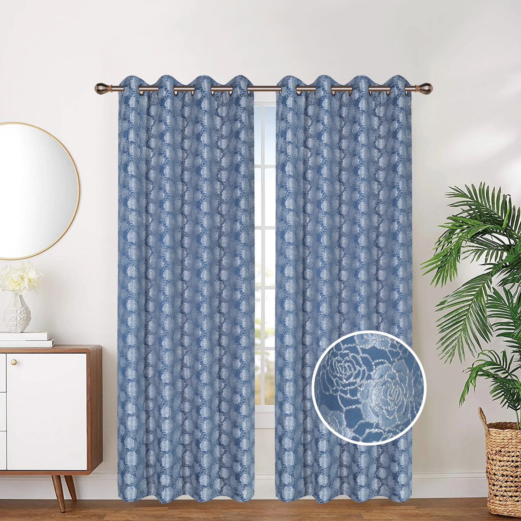 Floral Print Embroidered Grommet Top Window Curtain Panel, 81029