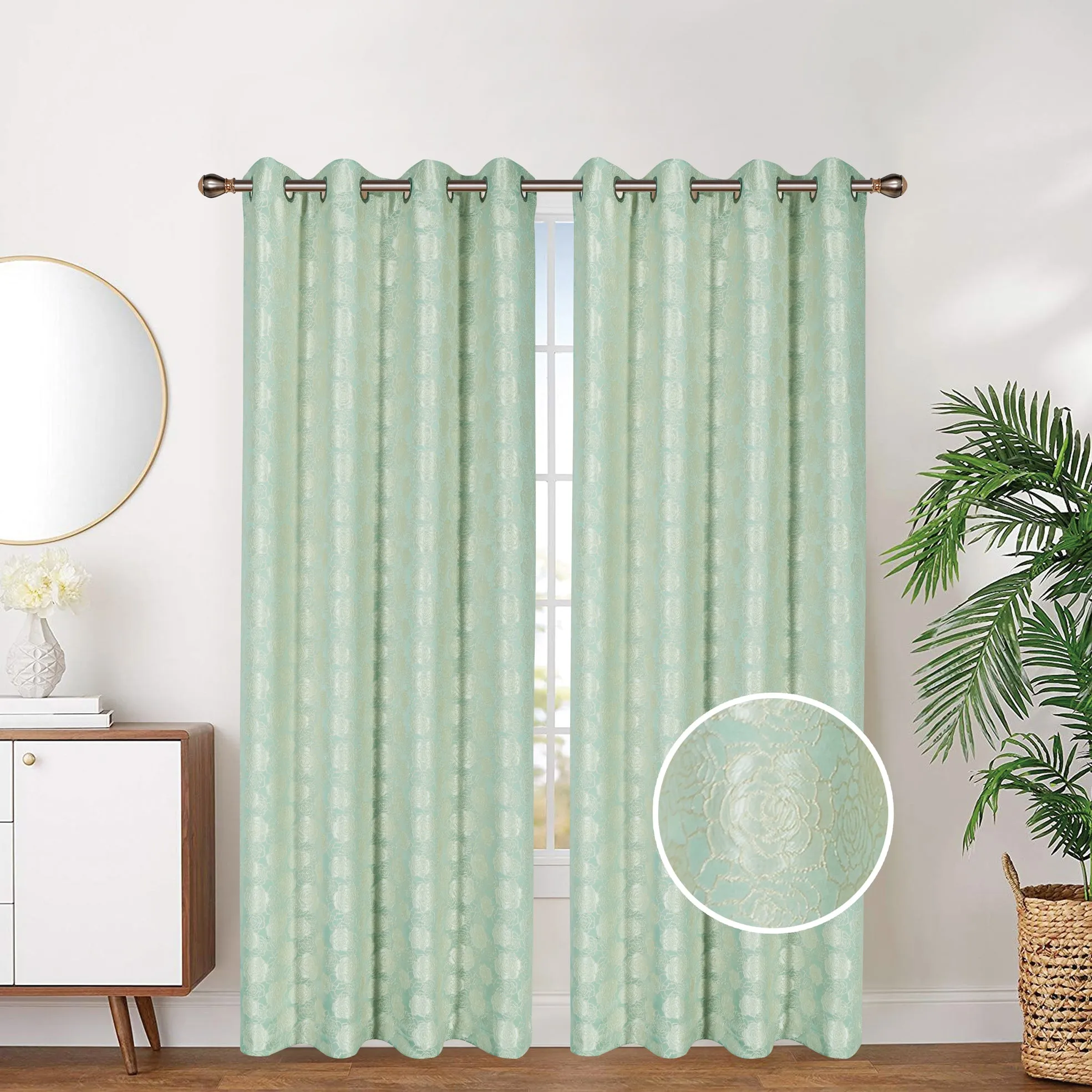 Floral Print Embroidered Grommet Top Window Curtain Panel, 81029