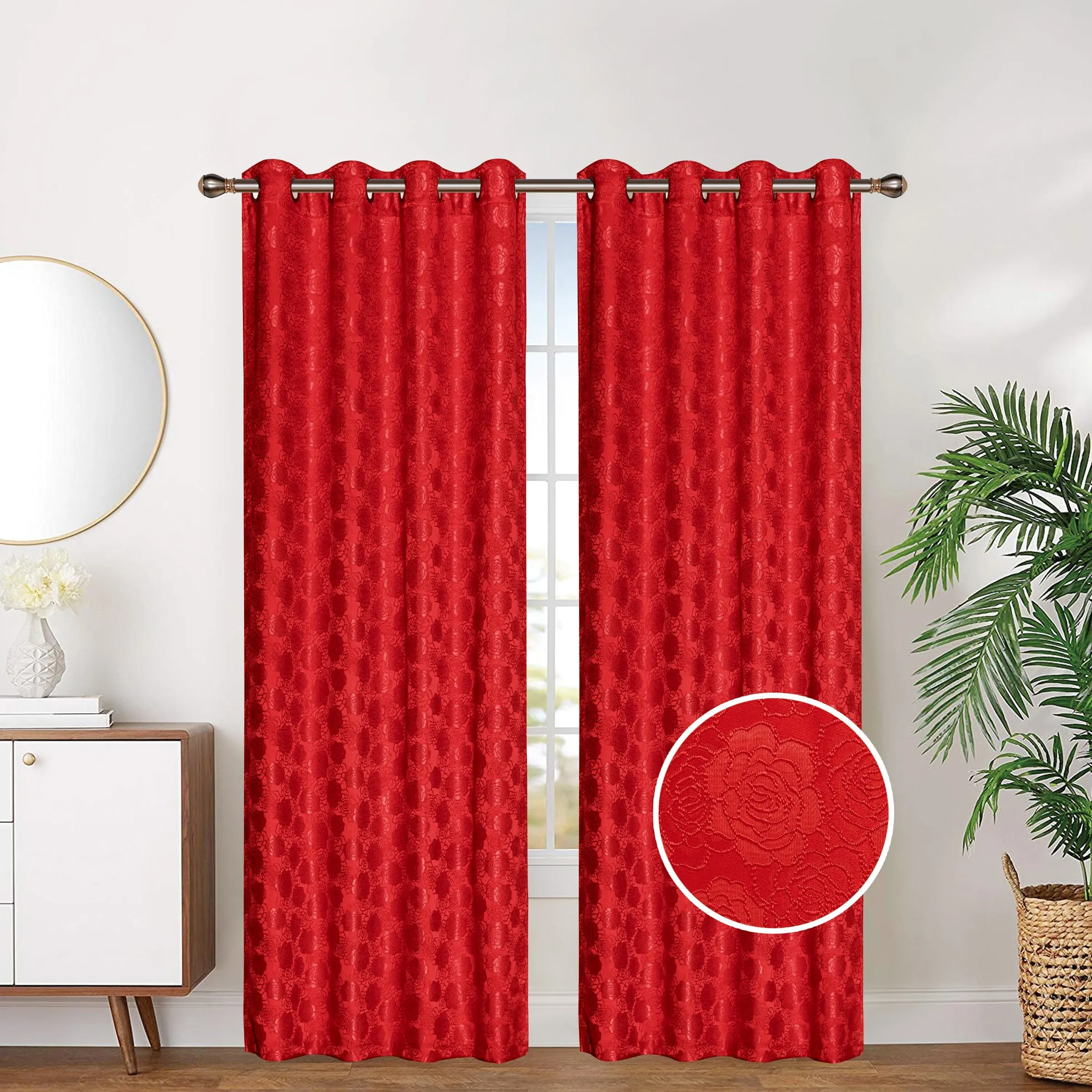 Floral Print Embroidered Grommet Top Window Curtain Panel, 81029