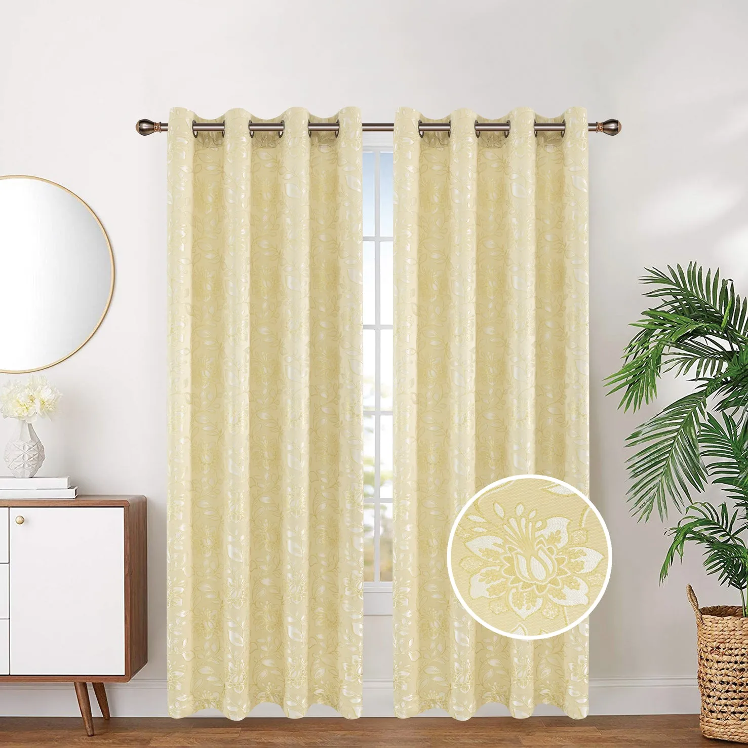 Foil Wave Floral Print Embroidered Grommet Top Window Curtain Panel 81060