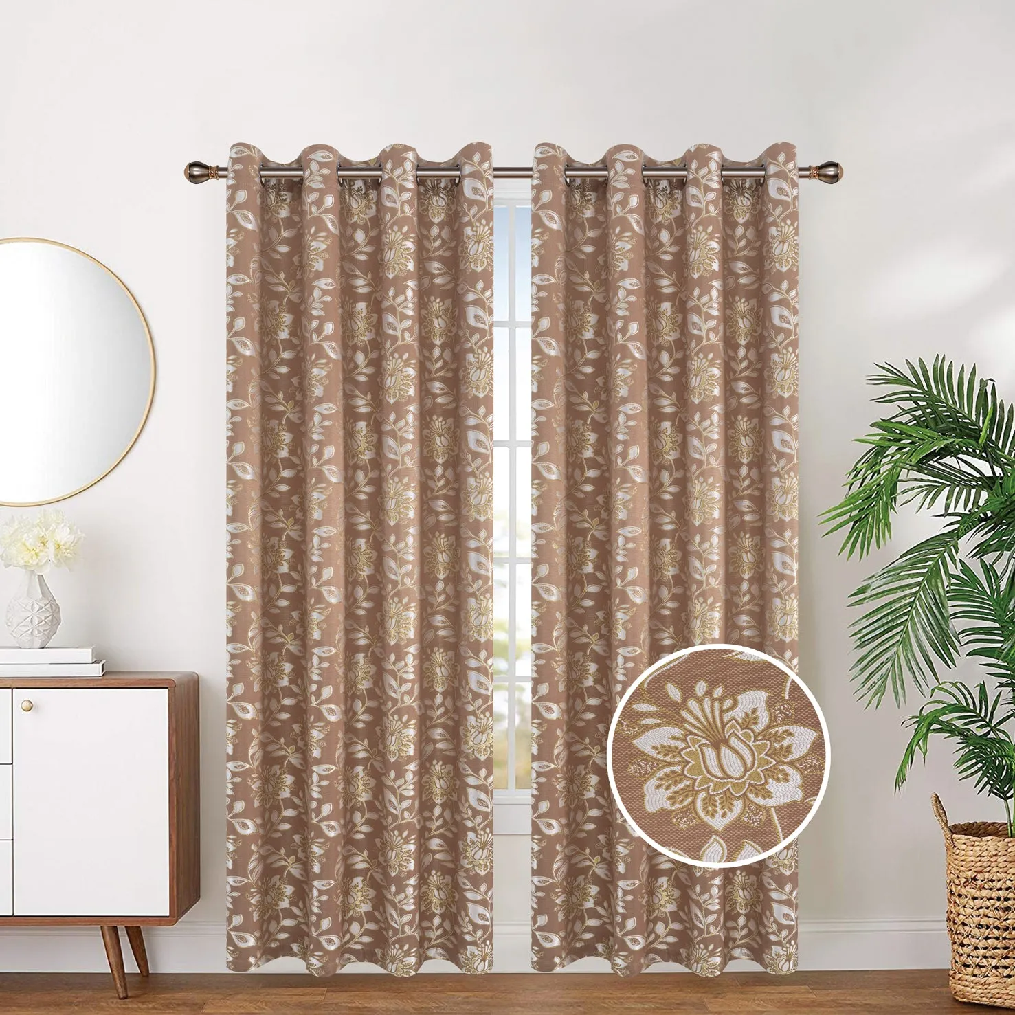 Foil Wave Floral Print Embroidered Grommet Top Window Curtain Panel 81060