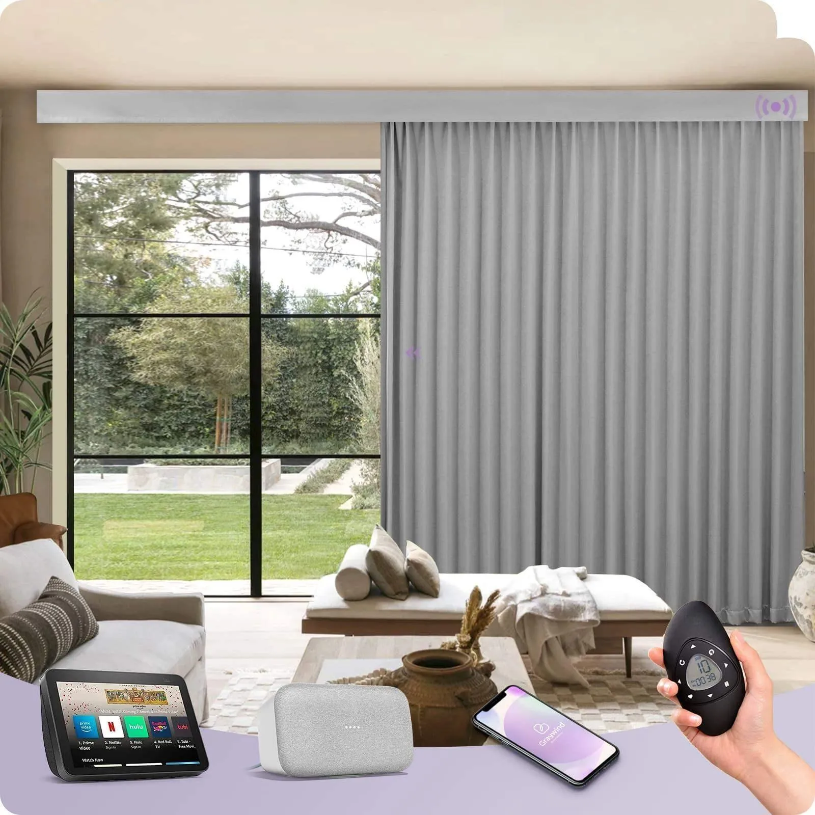 Graywind Rechargeable Smart Curtain | Light Filtering- Satin Series | 40"-220" W
