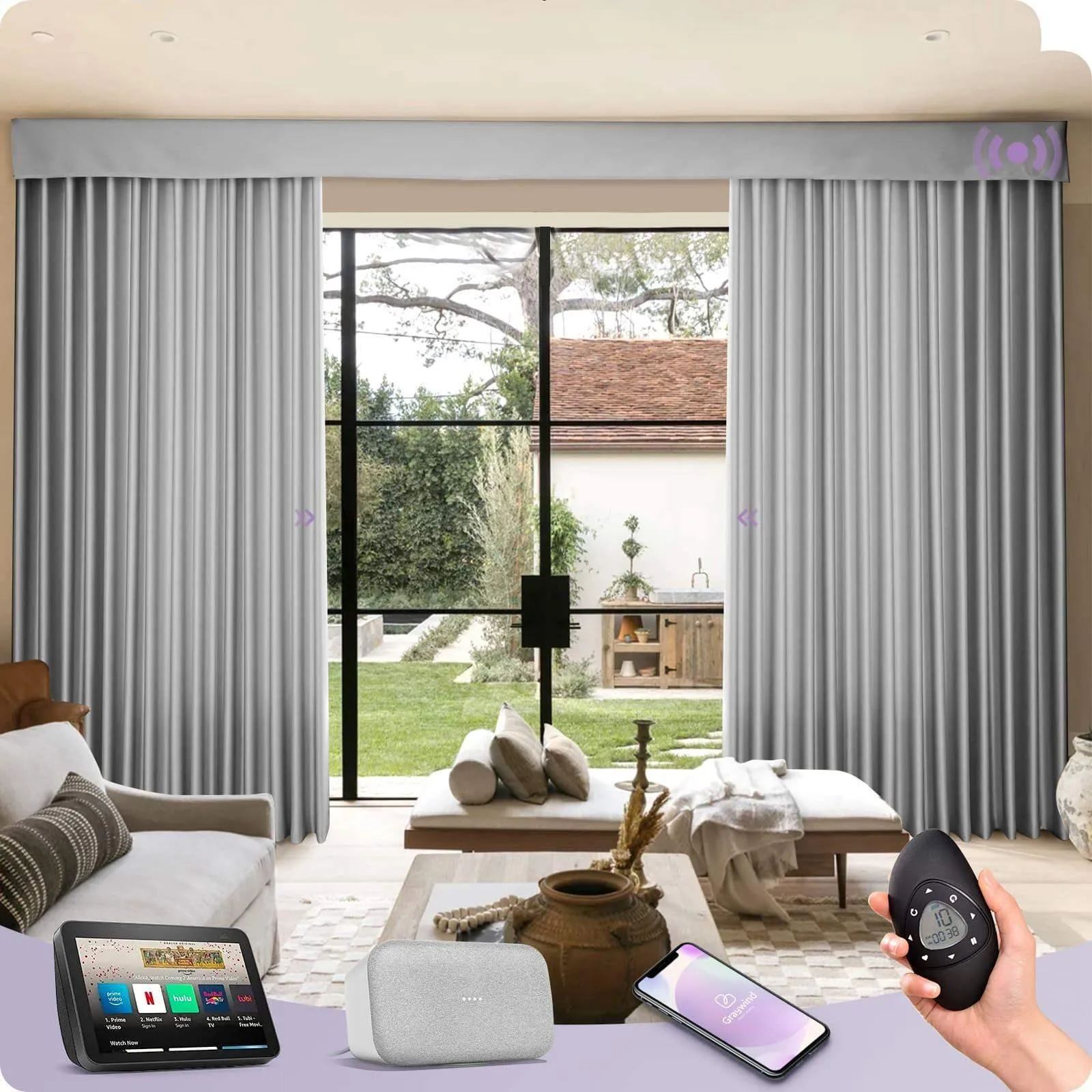 Graywind Rechargeable Smart Curtain | Light Filtering- Satin Series | 40"-220" W