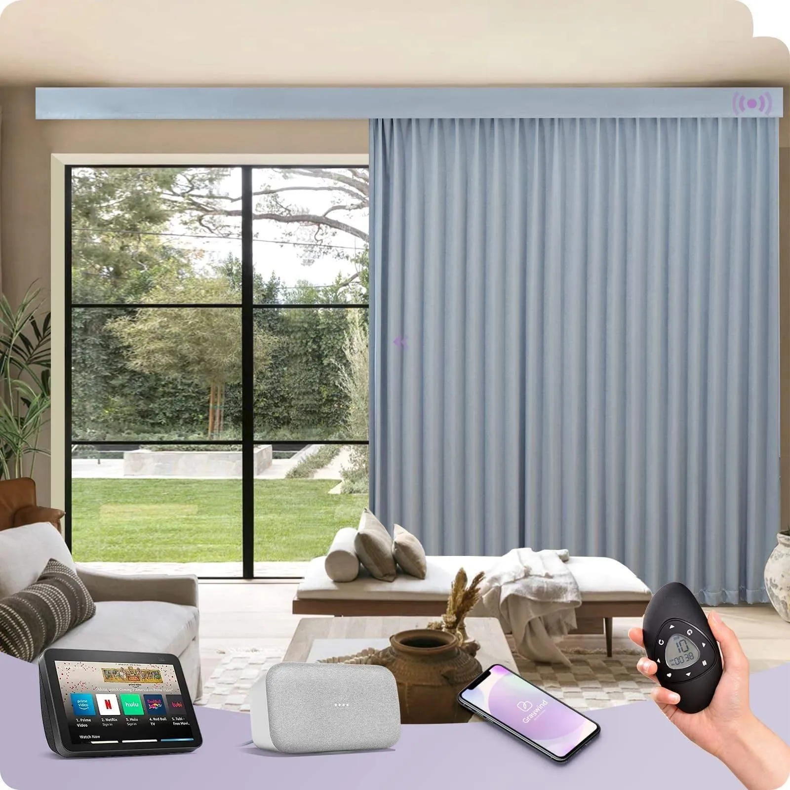 Graywind Rechargeable Smart Curtain | Light Filtering- Satin Series | 40"-220" W