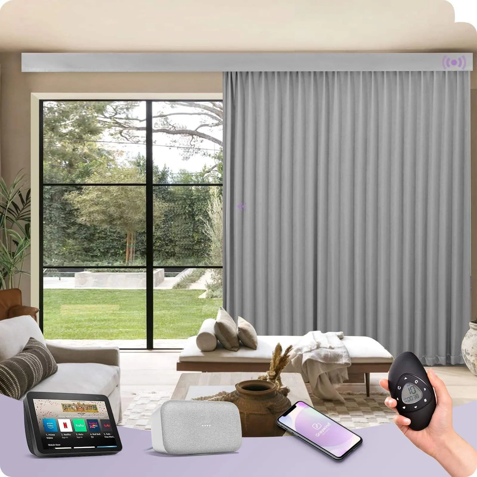 Graywind Rechargeable Smart Curtain | Light Filtering- Satin Series | 40"-220" W