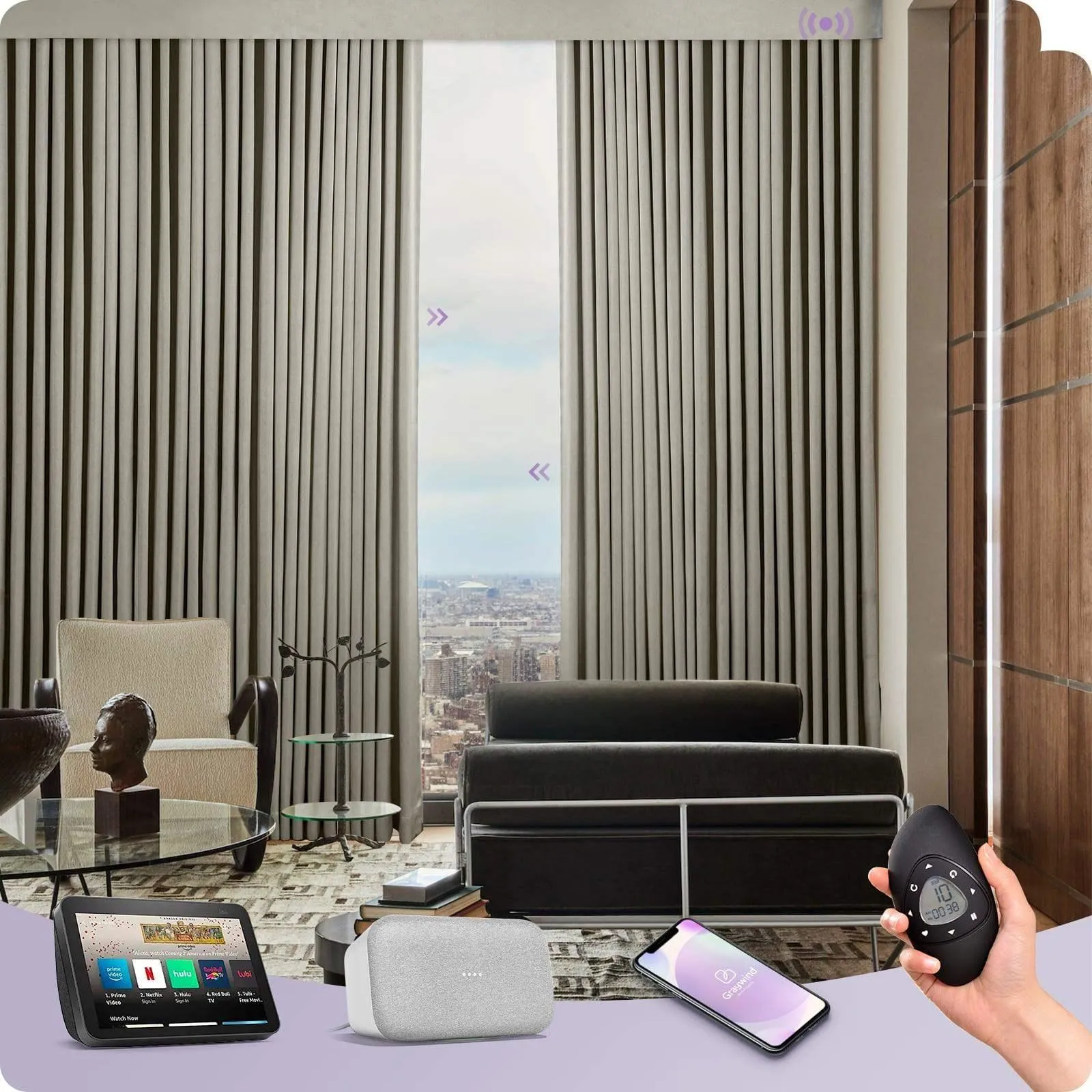 Graywind Rechargeable Smart Curtain | Light Filtering- Satin Series | 40"-220" W