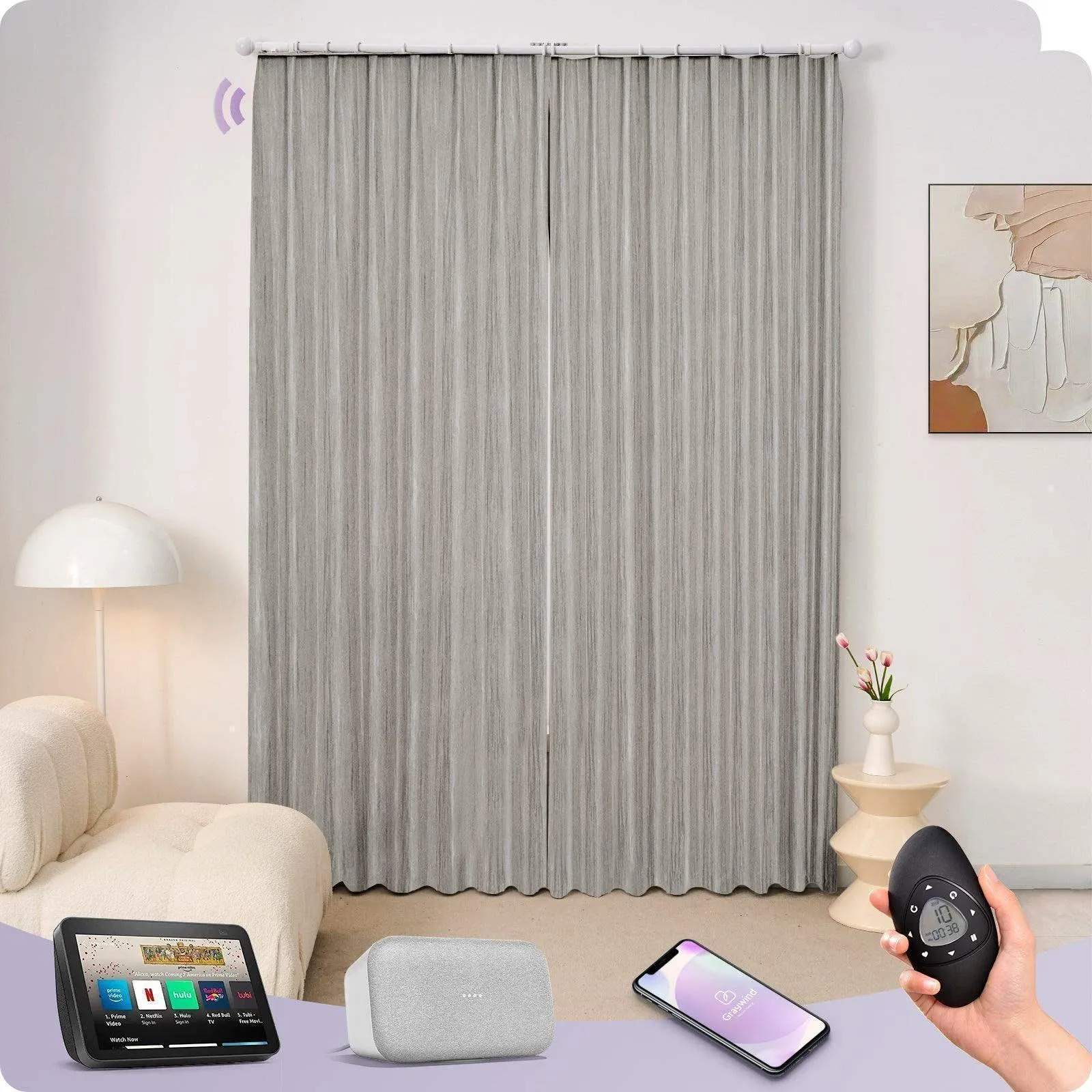 Graywind Rechargeable Smart Curtain with Roman Rod | Light Filtering- Designed Series | Customizable