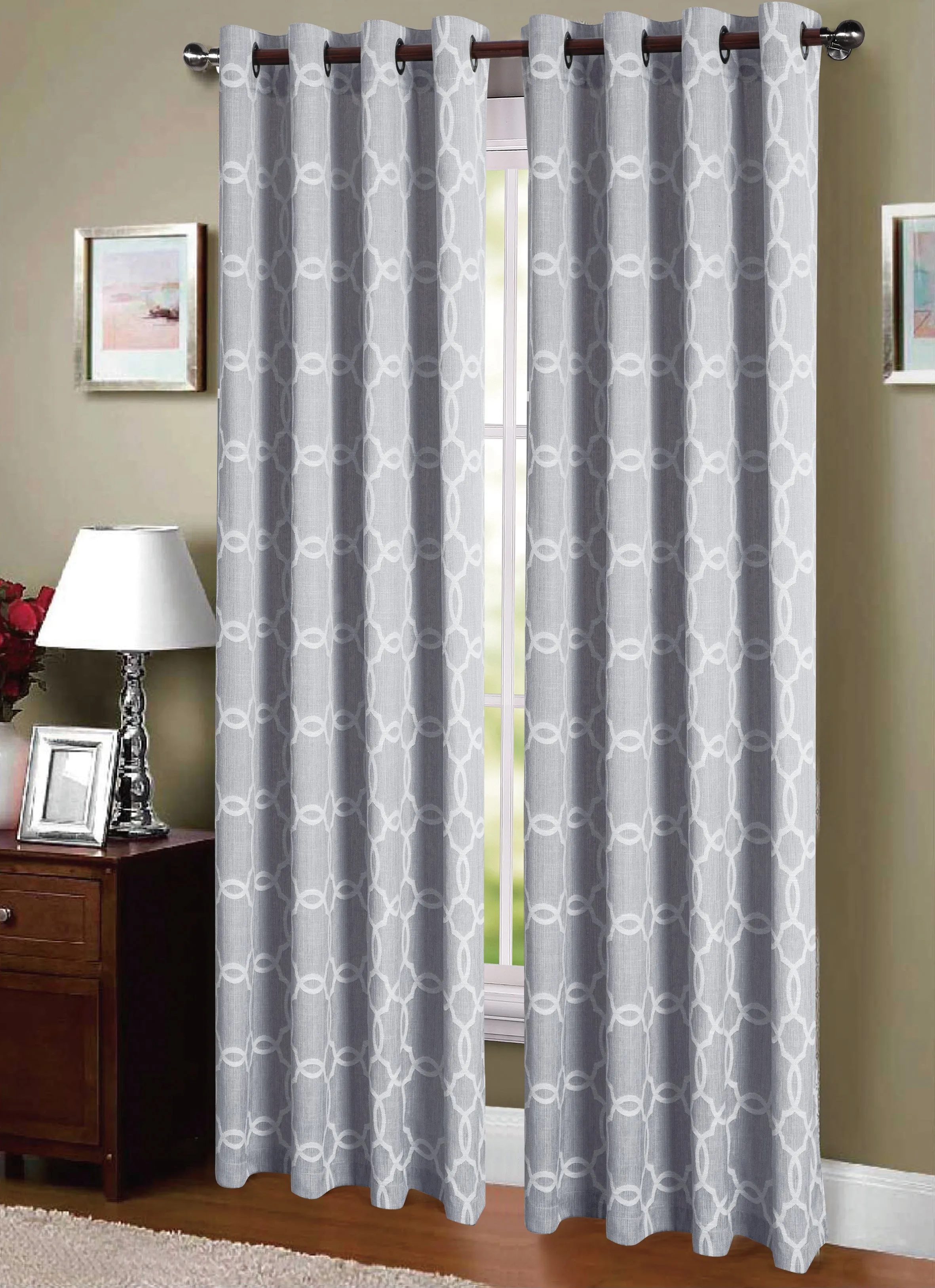 Jacquard Weave Geometric Grommet Top Window Curtain Panel FF1015
