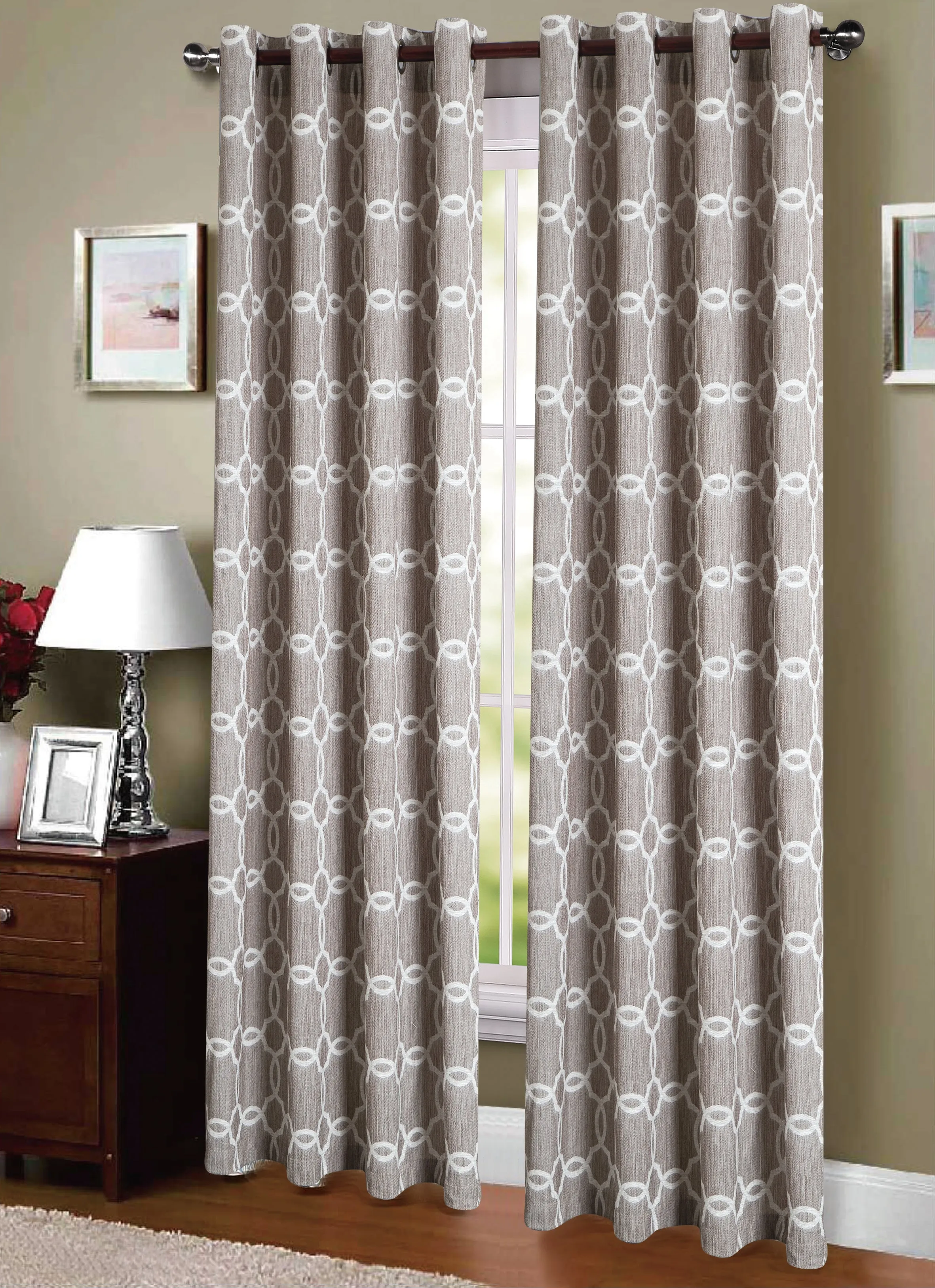 Jacquard Weave Geometric Grommet Top Window Curtain Panel FF1015