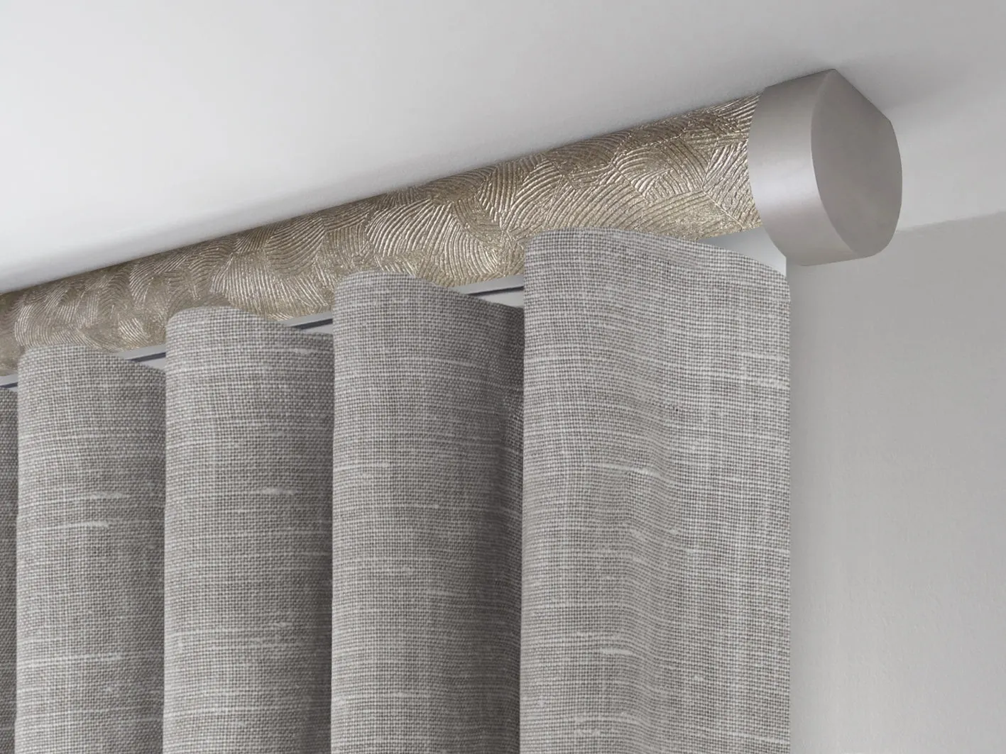 Motorised ceiling fix curtain pole set in 50mm dia. antique gold wrap with end cap finials