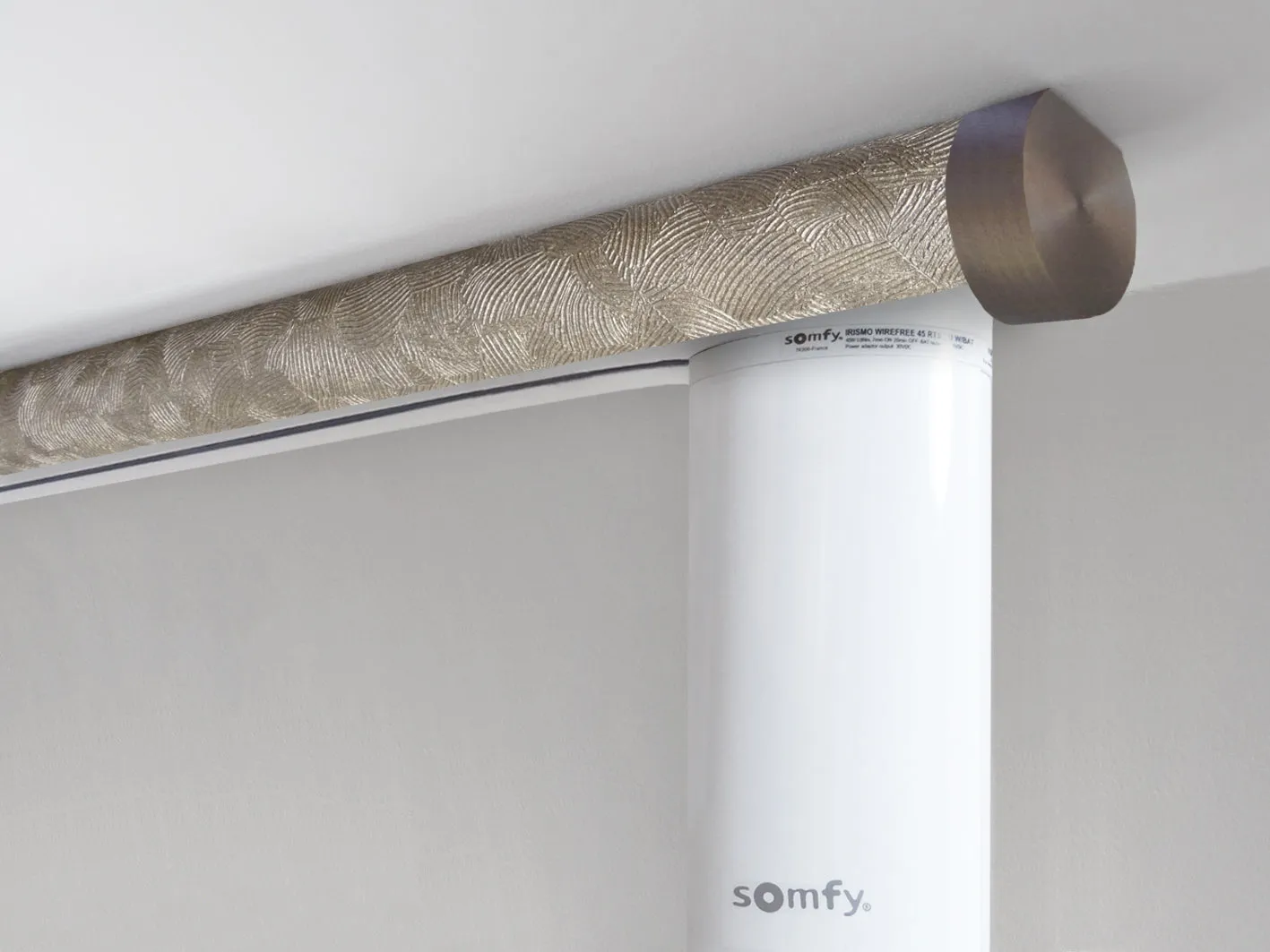 Motorised ceiling fix curtain pole set in 50mm dia. antique gold wrap with end cap finials