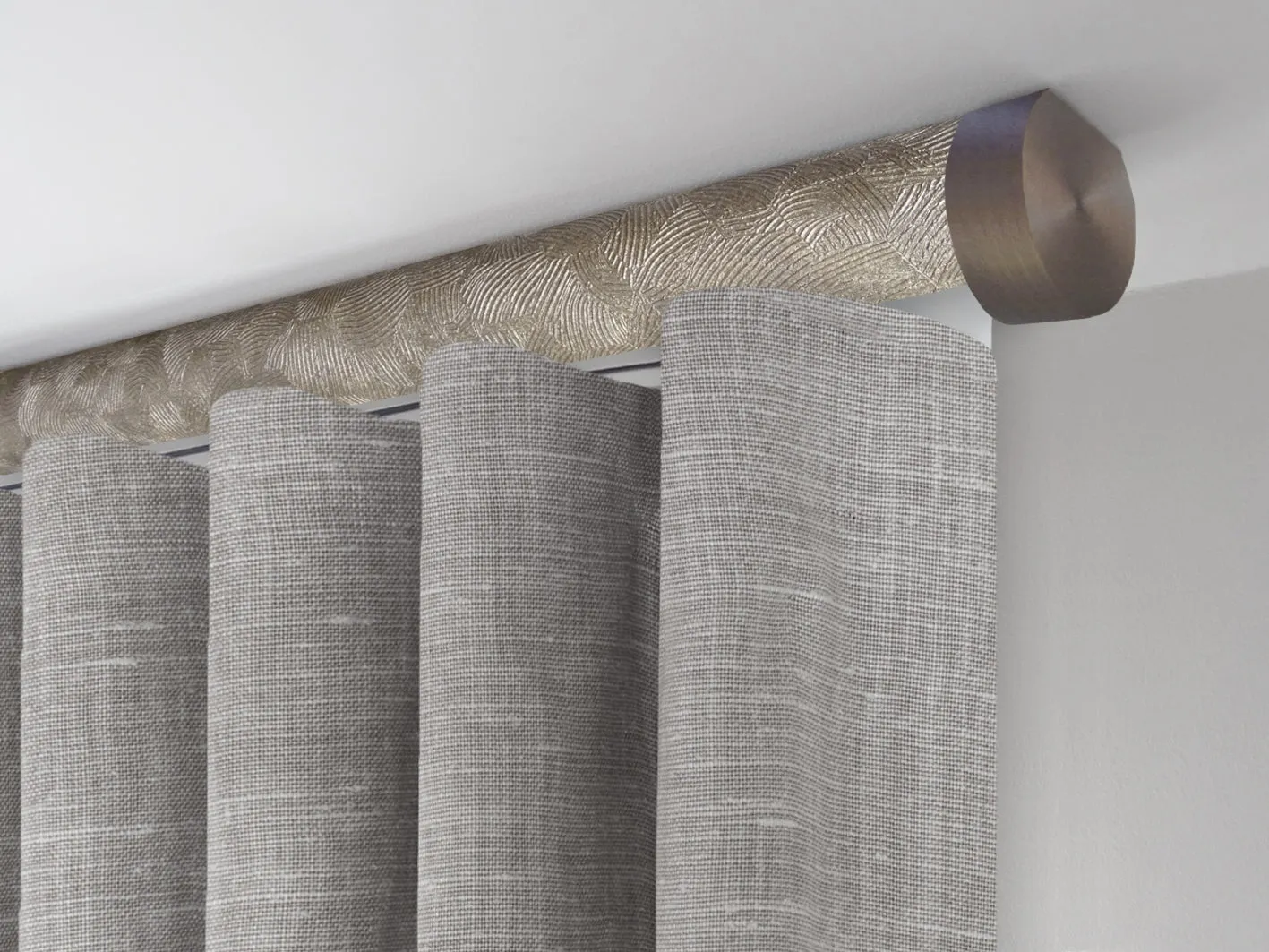 Motorised ceiling fix curtain pole set in 50mm dia. antique gold wrap with end cap finials