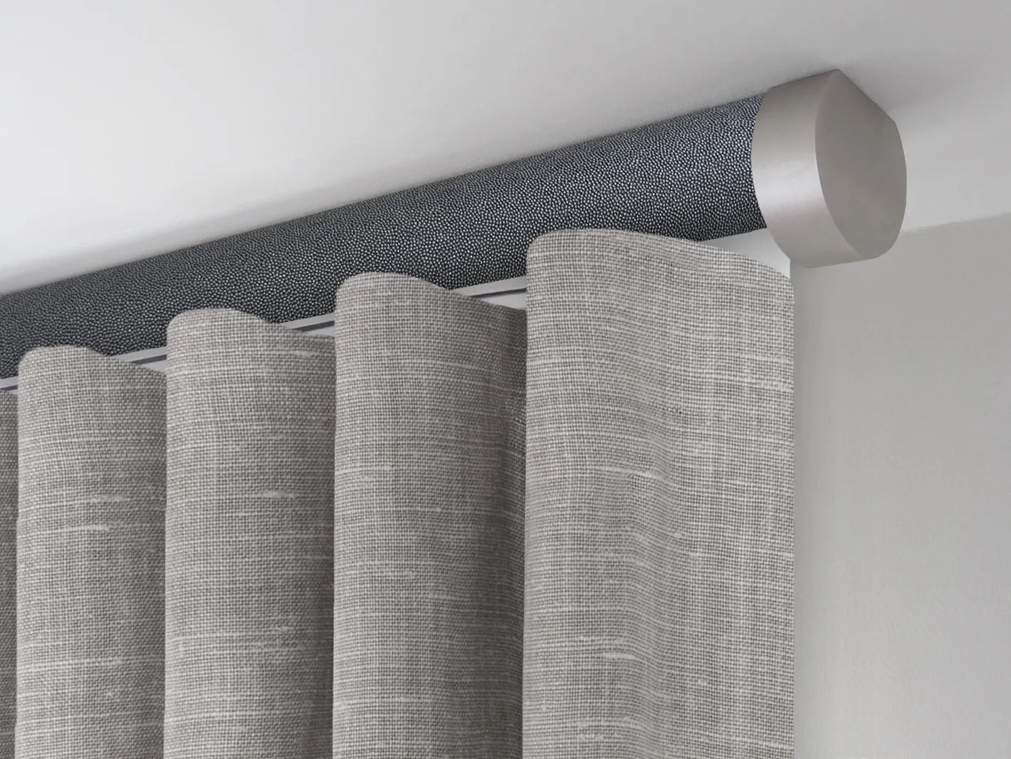 Motorised ceiling fix curtain pole set in 50mm dia. black pepper wrap with end cap finials