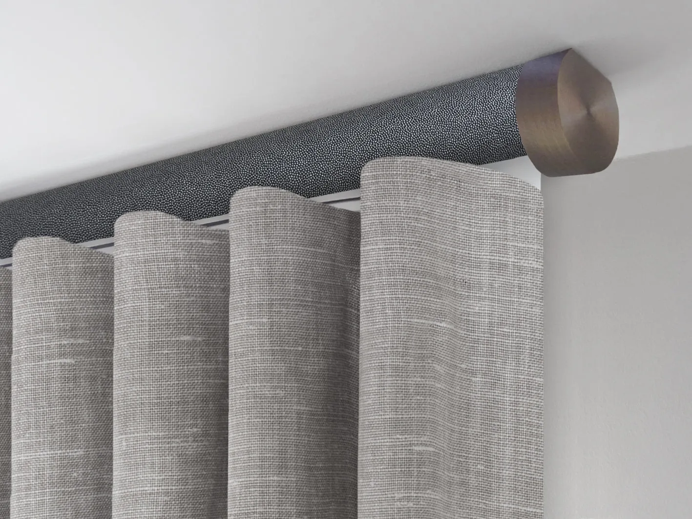 Motorised ceiling fix curtain pole set in 50mm dia. black pepper wrap with end cap finials
