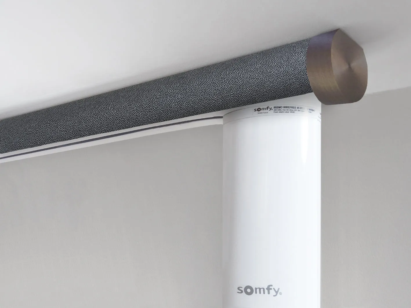 Motorised ceiling fix curtain pole set in 50mm dia. black pepper wrap with end cap finials