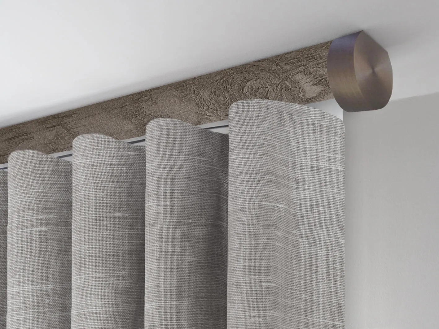 Motorised ceiling fix curtain pole set in 50mm dia. brazil nut wrap with end cap finials