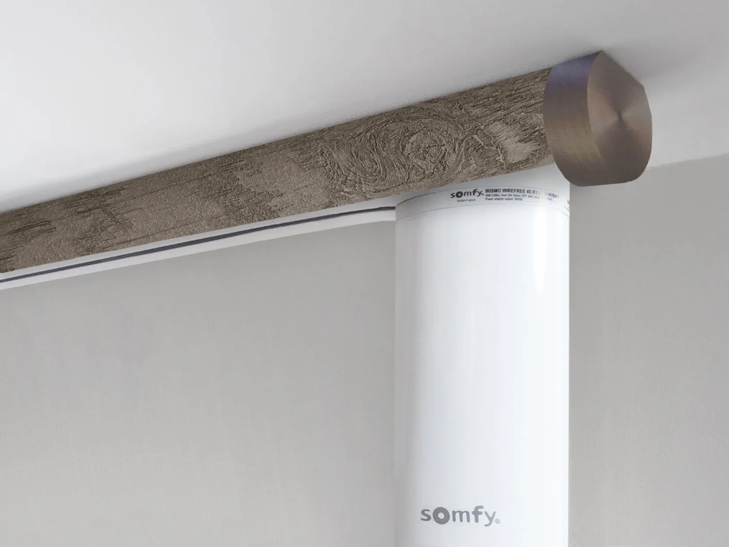 Motorised ceiling fix curtain pole set in 50mm dia. brazil nut wrap with end cap finials