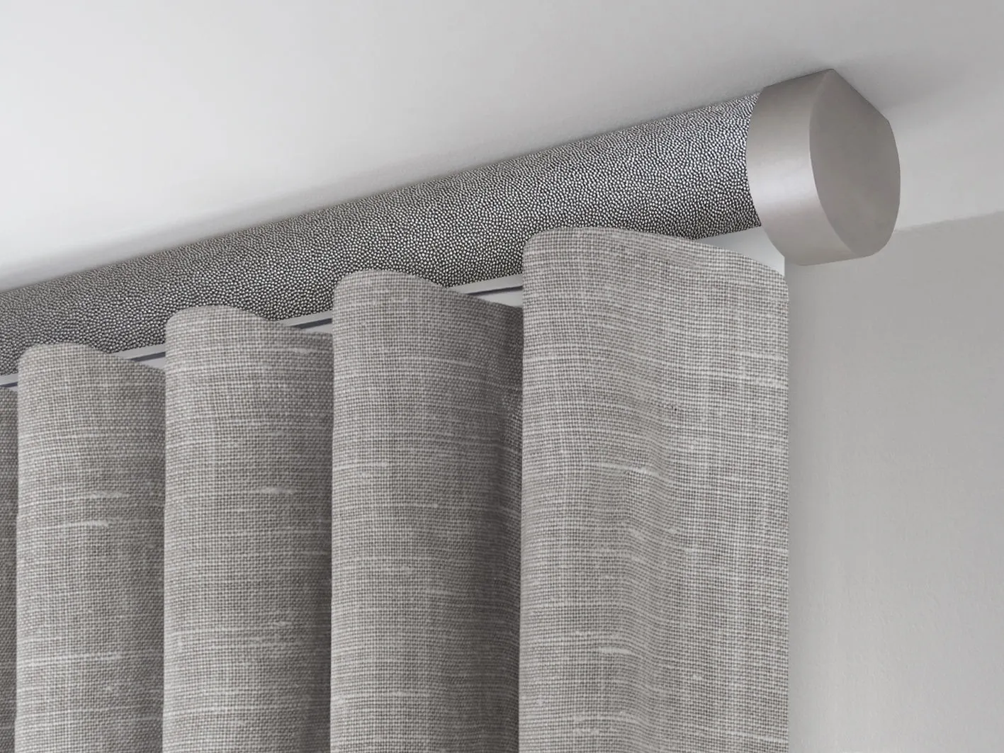 Motorised ceiling fix curtain pole set in 50mm dia. dusk wrap with end cap finials