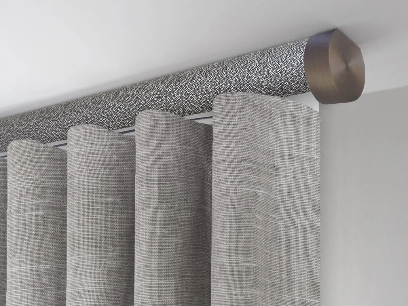 Motorised ceiling fix curtain pole set in 50mm dia. dusk wrap with end cap finials