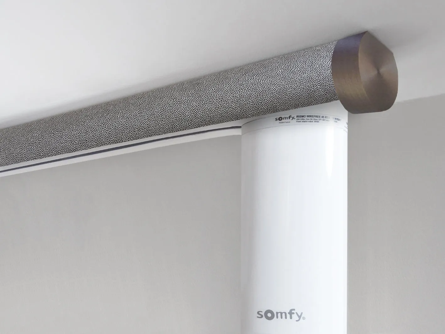 Motorised ceiling fix curtain pole set in 50mm dia. dusk wrap with end cap finials