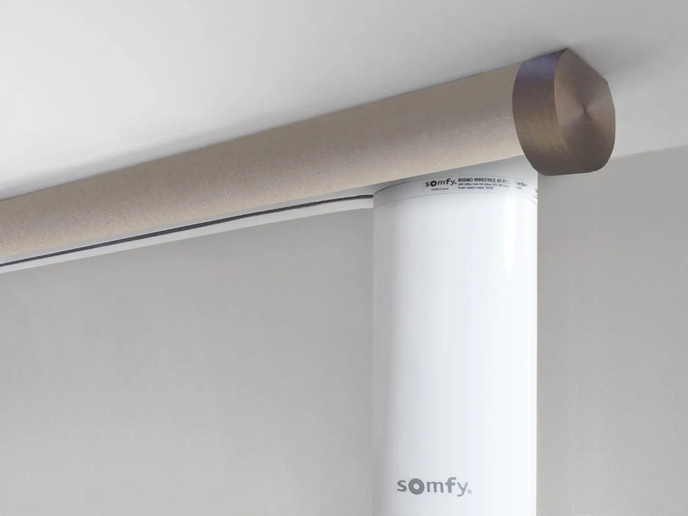 Motorised ceiling fix curtain pole set in 50mm dia. fawn wrap with end cap finials
