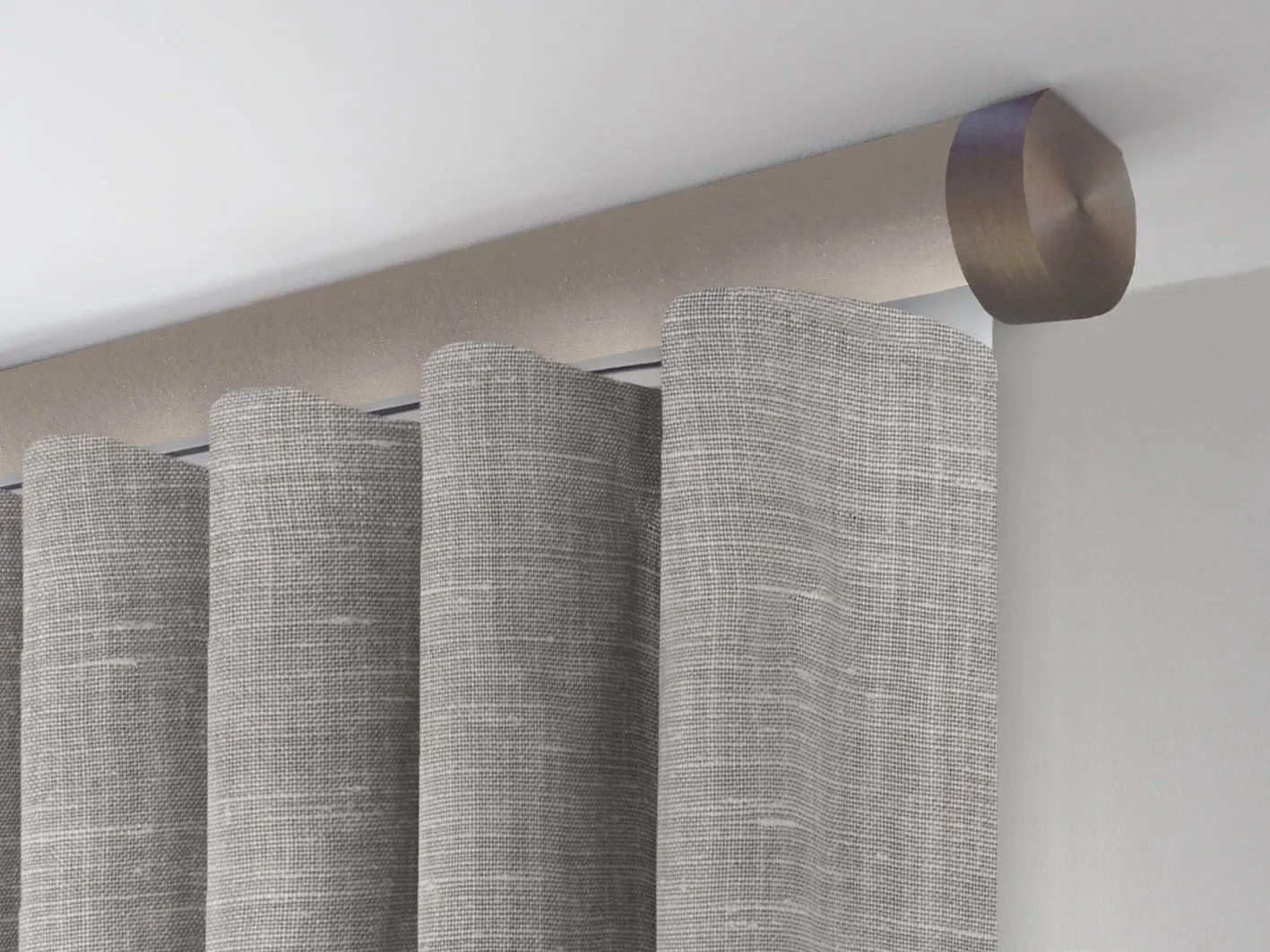 Motorised ceiling fix curtain pole set in 50mm dia. fawn wrap with end cap finials