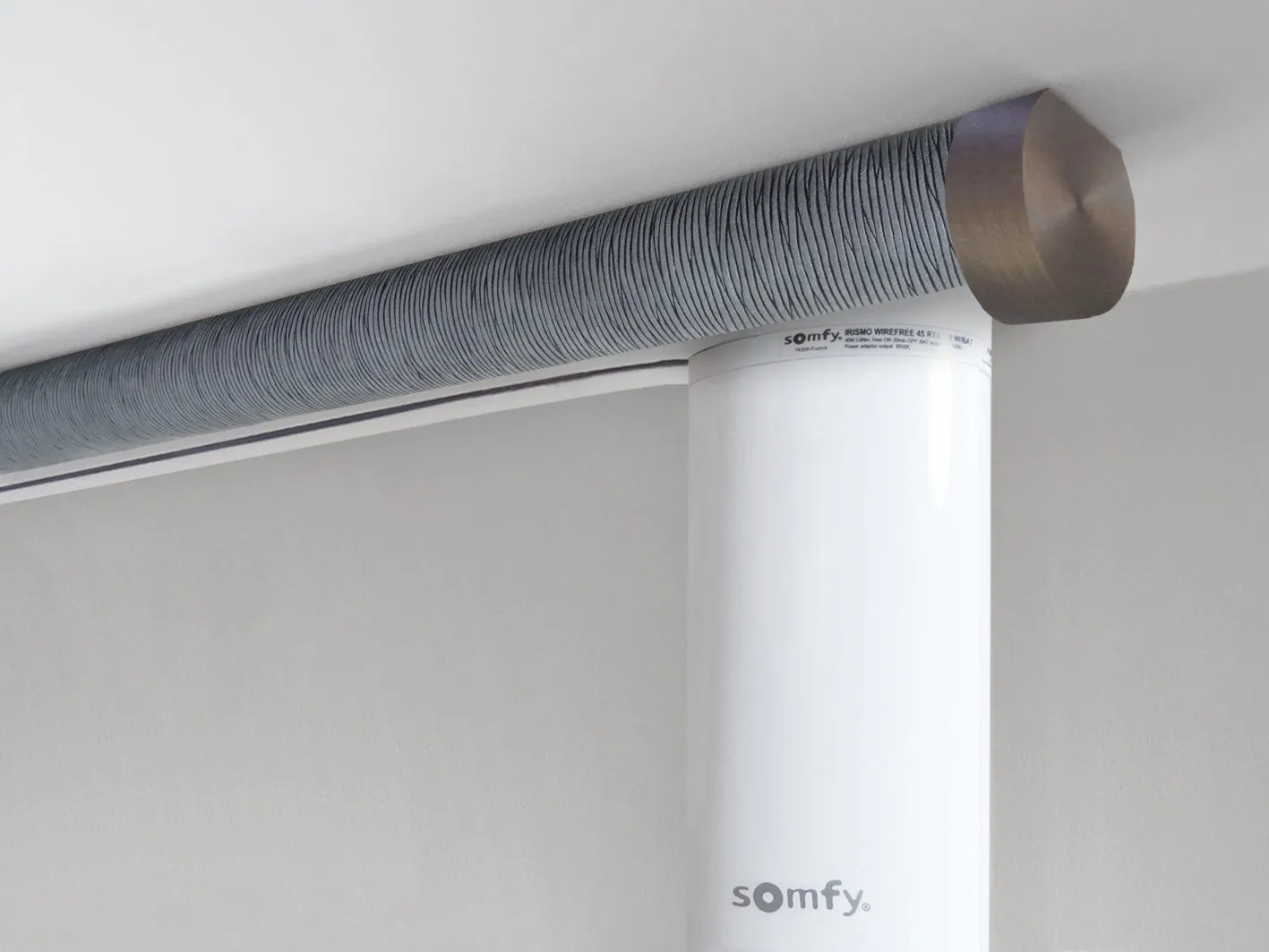 Motorised ceiling fix curtain pole set in 50mm dia. flint wrap with end cap finials