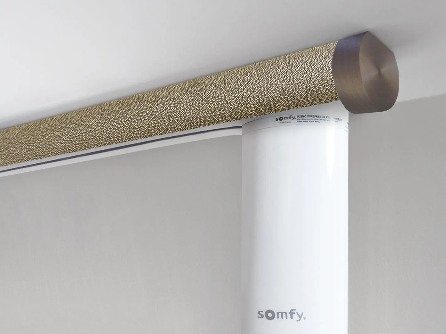 Motorised ceiling fix curtain pole set in 50mm dia. honeycomb wrap with end cap finials