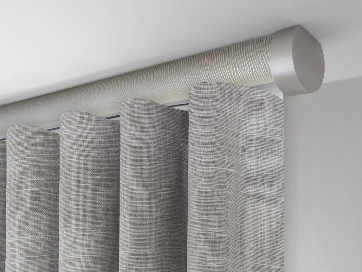 Motorised ceiling fix curtain pole set in 50mm dia. marcasite wrap with end cap finials