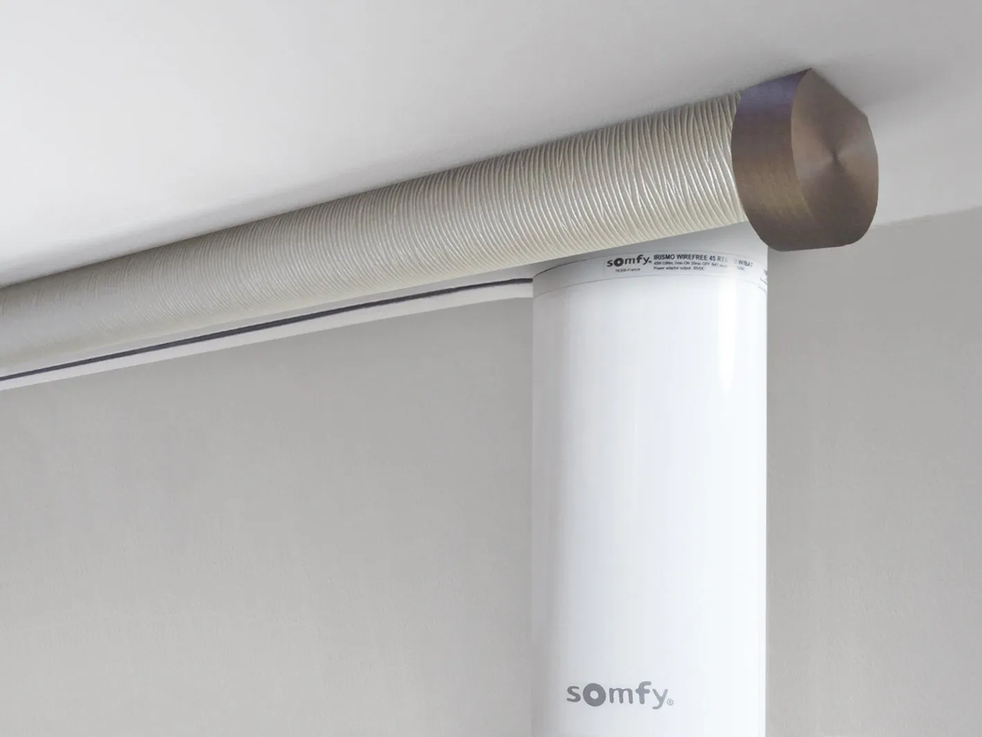 Motorised ceiling fix curtain pole set in 50mm dia. marcasite wrap with end cap finials