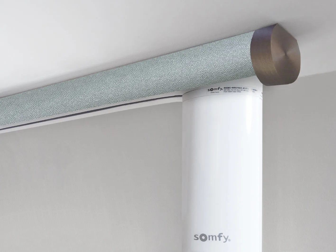 Motorised ceiling fix curtain pole set in 50mm dia. moonlight wrap with end cap finials