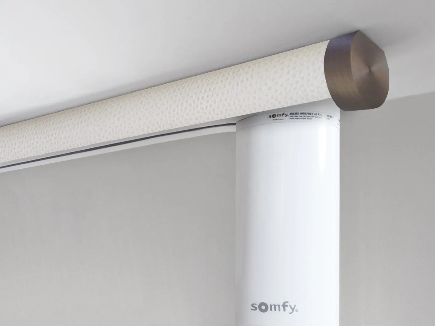 Motorised ceiling fix curtain pole set in 50mm dia. ostrich wrap with end cap finials